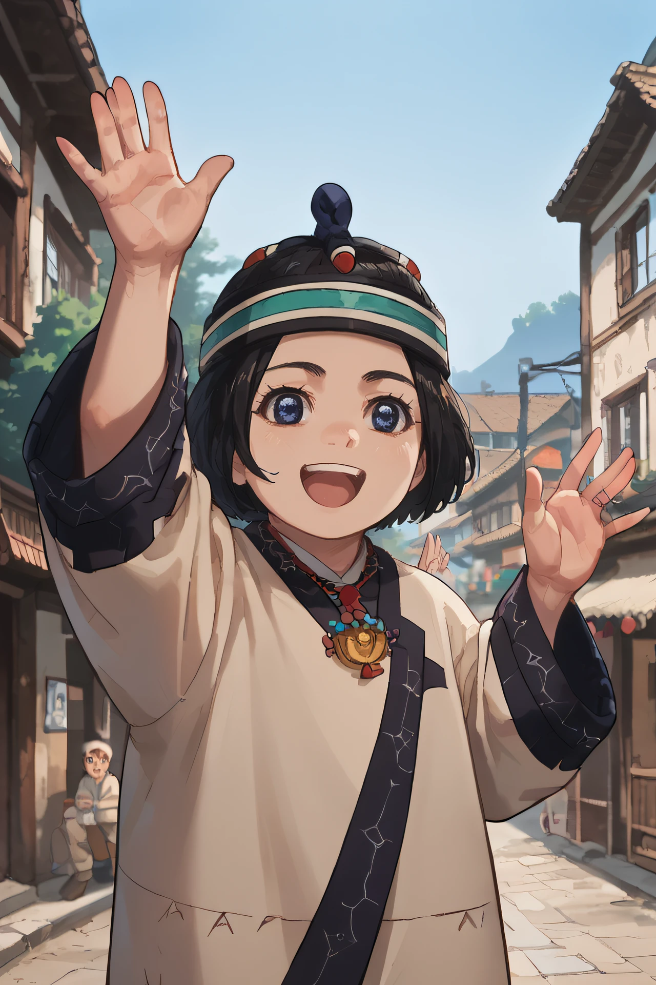 score_9, score_8_up, source_anime,
enonoka, blue eyes, short hair, black hair,
ainu hat, ainu clothes, jewelry, necklace,
smile, open mouth, standing, waving, town
<lora:Smooth Style 2 SDXL_LoRA_Pony Diffusion V6 XL:0.8> <lora:enonoka:.9>