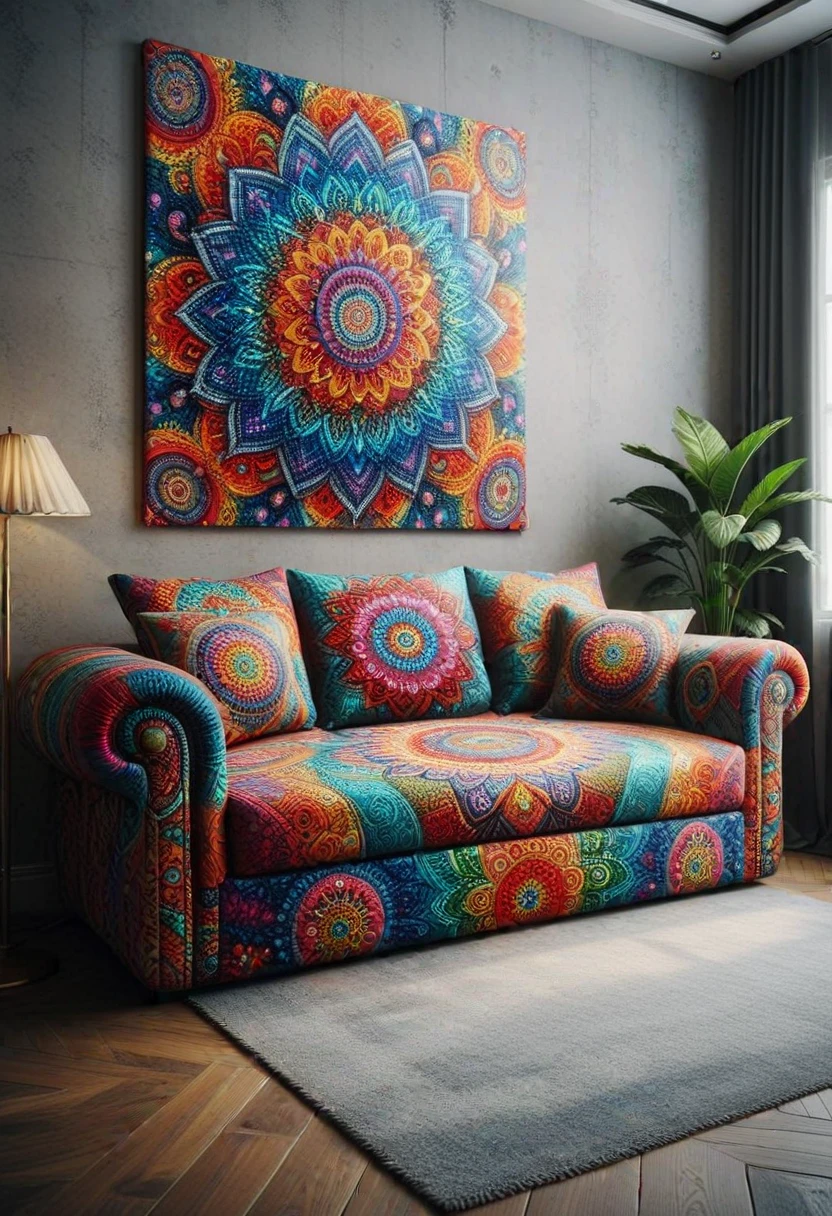 M4ND4L4S, couch made of colorful mandalas, located in a living room, ,Masterpiece,best quality, photo, realistic, very aesthetic