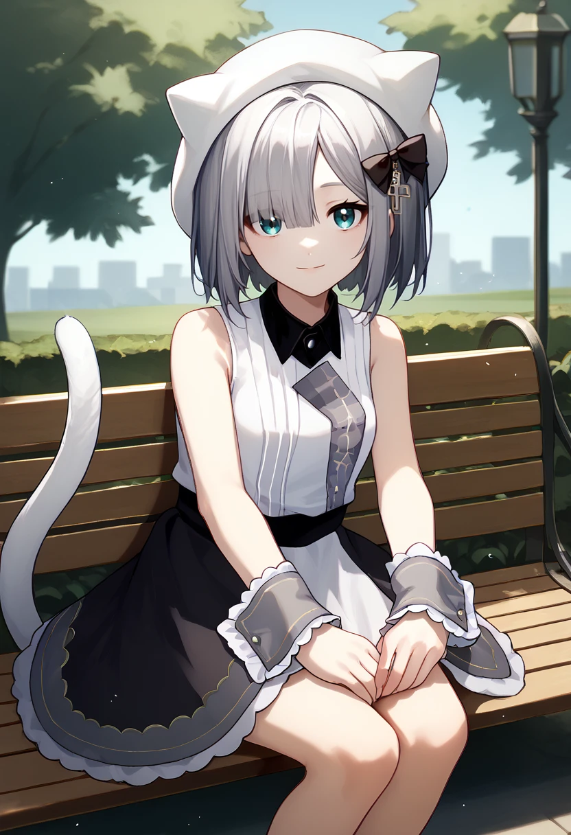 score_9, score_8_up, score_7_up, solo, 1girl, kaga1st, smile, looking at viewer, sitting, park bench, short hair, grey hair, hair bow, black bow, white headwear, animal hat, white shirt, sleeveless shirt, collared shirt, wrist cuffs, black skirt, cat tail, bare shoulders, outdoors <lora:vspo_sumirekaga_ponyXL-DEFAULT:1>