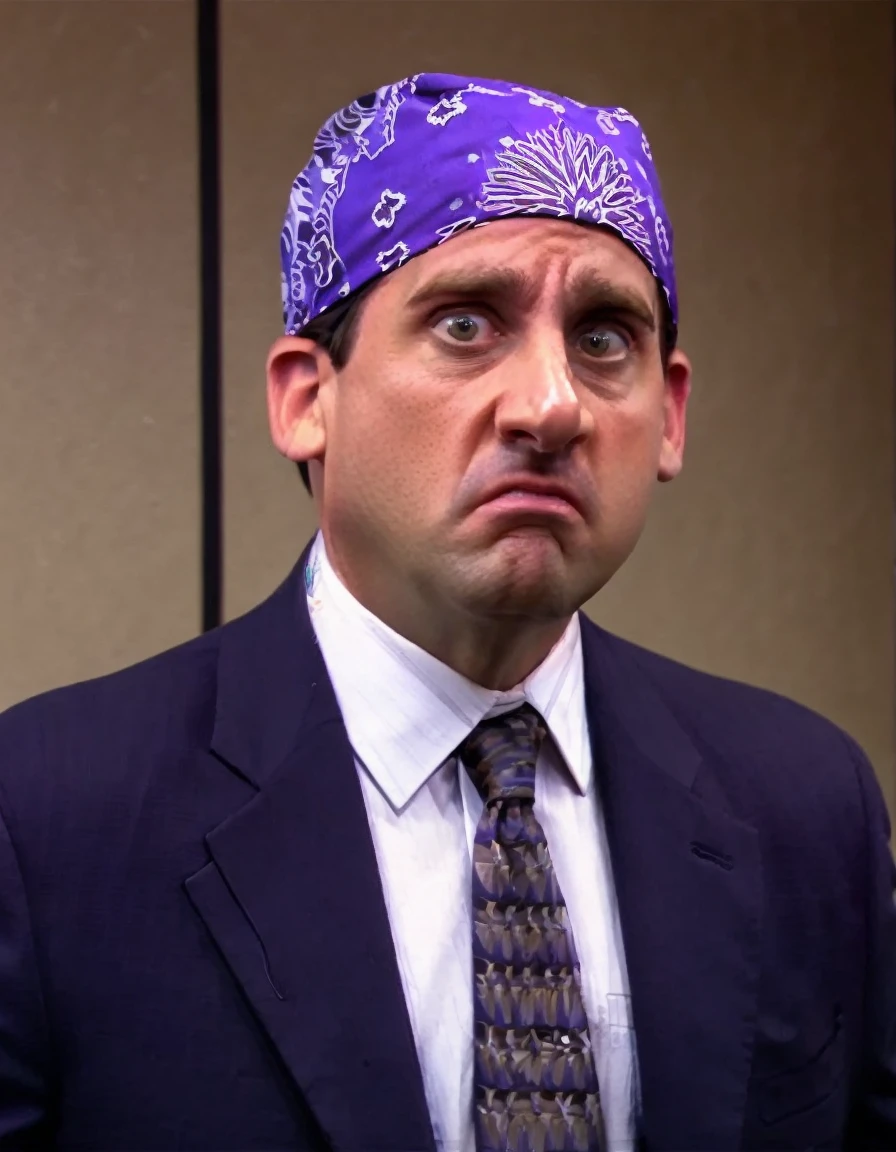 <lora:PRISONMIKE-000005:0.9> PRISONMIKE man, standing in an office, bandana, eyes wide open, suit, steve carrell, angry, pupils, frown,
realistic, 1boy, photo