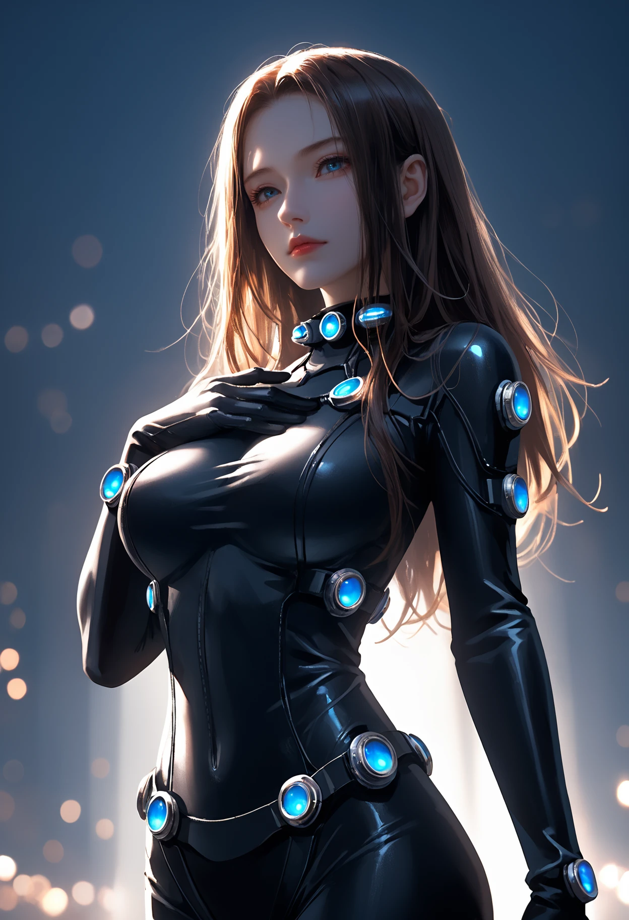 (ultra high res,photorealistic,realistic,best quality,photo-realistic), (8k, raw photo, best quality, masterpiece), (photon mapping, radiosity, physically-based rendering,automatic white balance), technological sense, best quality, masterpiece, illustration,CG ,unity ,wallpaper, official art, Amazing, finely detail, an extremely delicate and beautiful,extremely detailed, highly detailed, sharp focus,rich background, blurry background, (real person,photograph), (((high detailed skin,visible pores))), ((medium breasts)), This cute alien female has large almond-shaped black eyes that seem to sparkle with curiosity and intelligence. Her skin is a soft, pale shade of lavender, and is completely smooth to the touch. Her hair is a bright shade of orange and falls in soft, loose waves down to her waist. She has a small delicate nose and full, plush lips that curve into a friendly smile. Her ears are slightly pointed and sit high on her head, giving her an otherworldly appearance. She wears a cyberpunk form-fitting suit that seems to be made out of a nano-tech material, and it gleams softly in the light. Overall, she exudes a friendly and approachable vibe, and her alien features only serve to make her all the more intriguing.