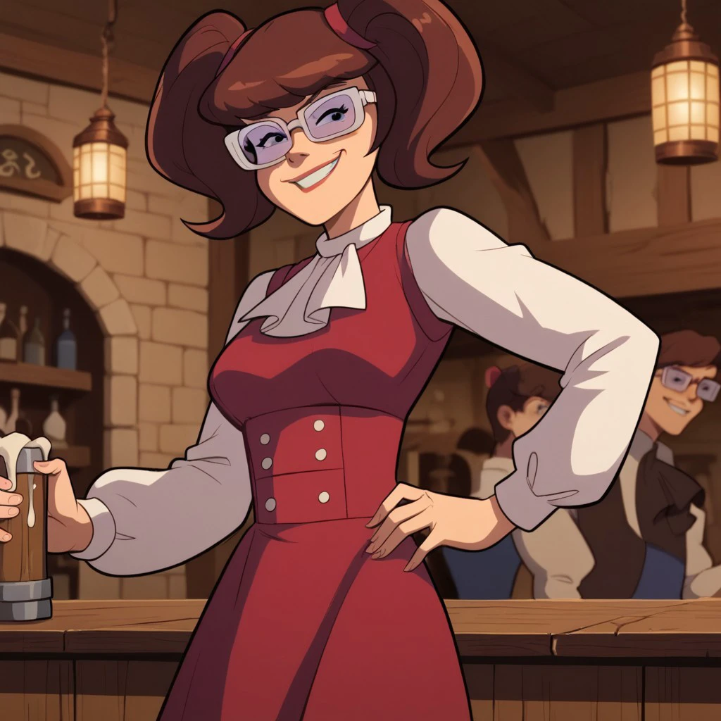 score_9, score_8_up, score_7_up, BREAK, madelyn, brown hair, twintails, glasses, red dress, long sleeves, ascot, smirk, tavern