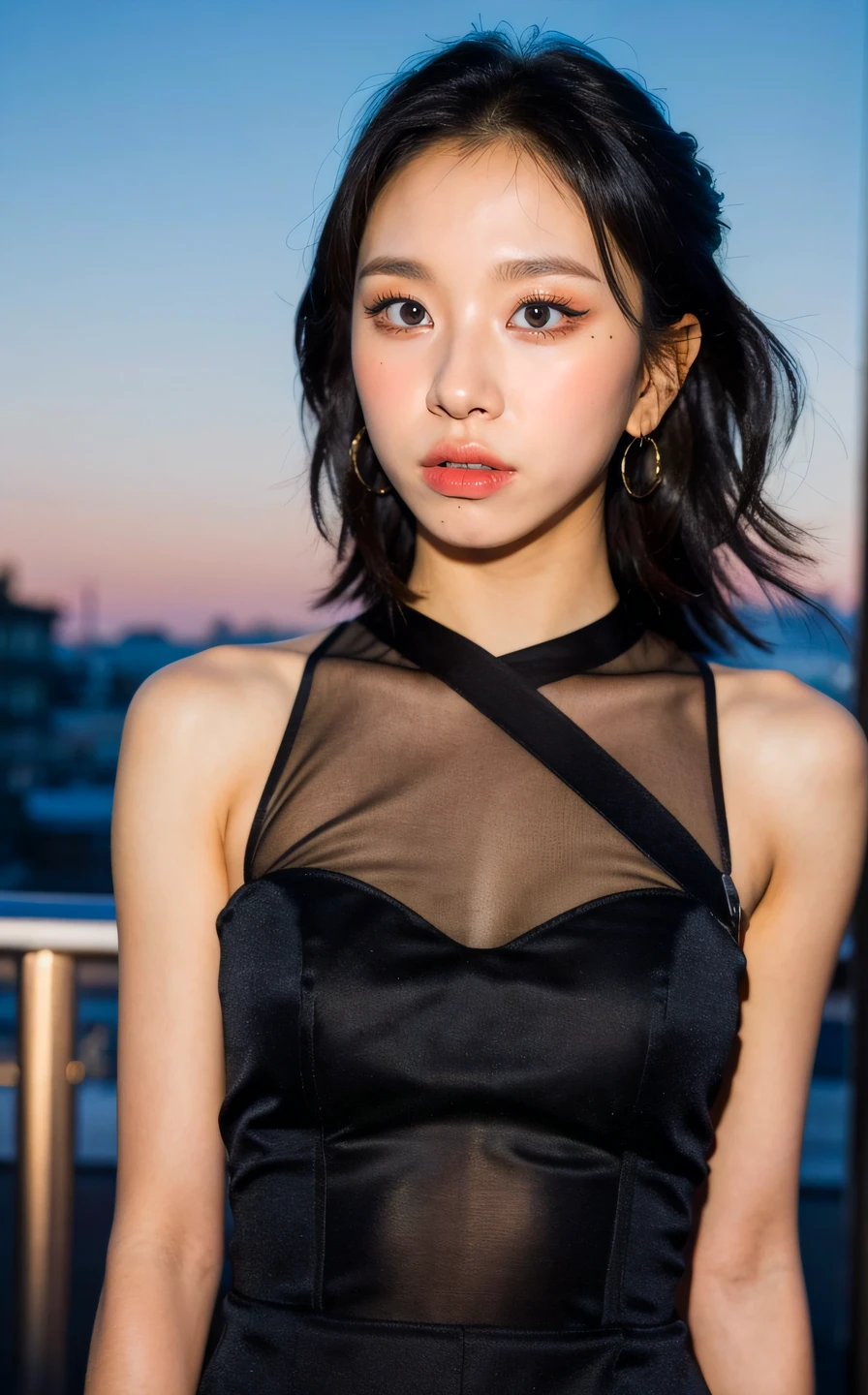 <lora:Chaeyoung_V2:1> Ch@ey0ung,, (realistic), (hyperrealism), (photorealistic:1.4), 1girl, looking at the viewer, eye makeup, detailed eyes, detailed face, (upper body:1.2), detailed background, black dress, walking at the streets, sunset, (windy:1.2)