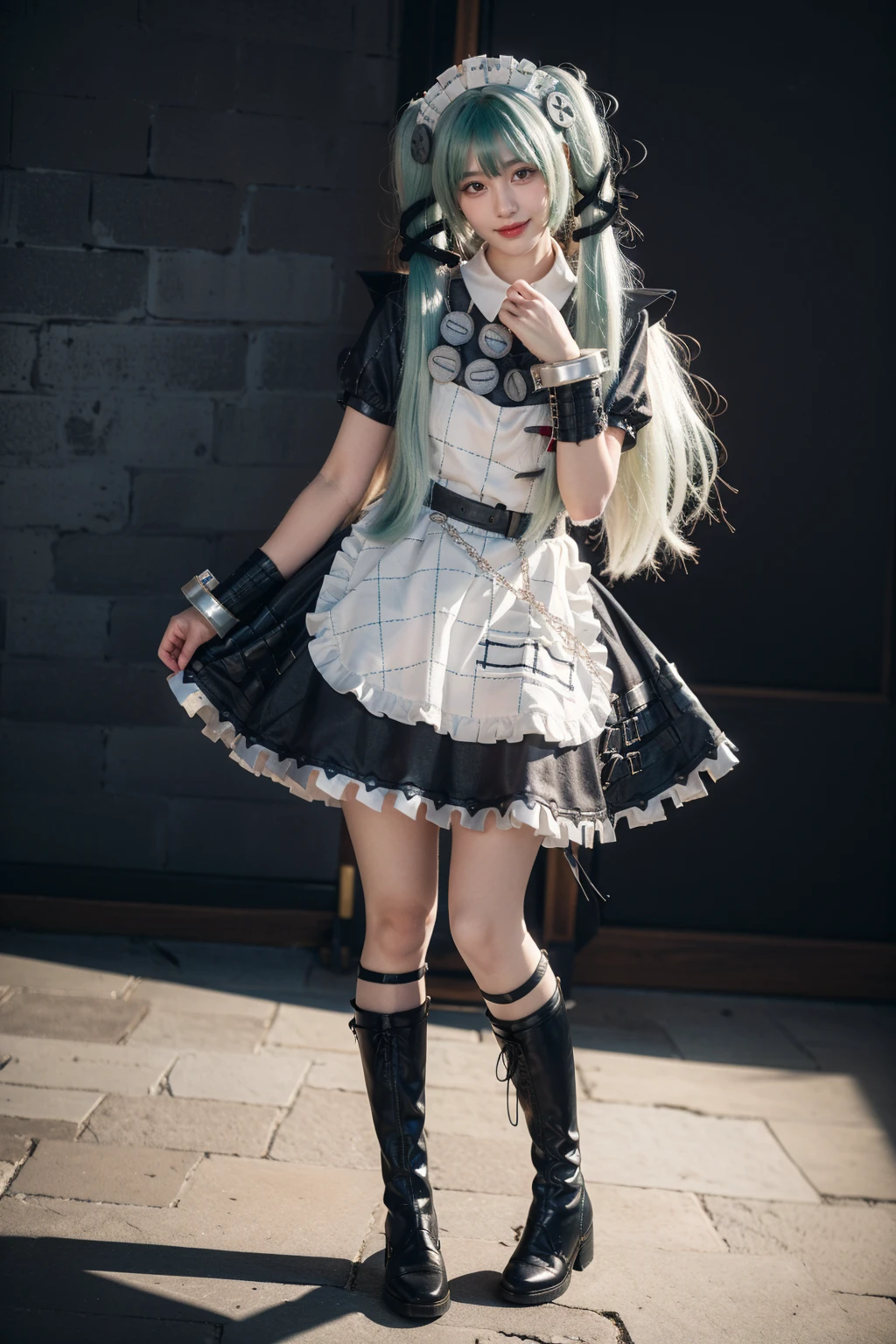 realistic,photorealistic,full body,1girl,solo,smile,looking at viewer,standing,corin cosplay costume,corin,cosplay,long hair,green hair,twintails,hair ornament,maid,dress,frilled dress,frills,apron,maid apron,maid headdress,puffy short sleeves,belt,chain,wrist cuffs,cuffs,handcuffs,ribbon,boots,knee boots,simple grey background,<lora:ZenlessZoneZero_Corin_cosplay_v1:0.7>,