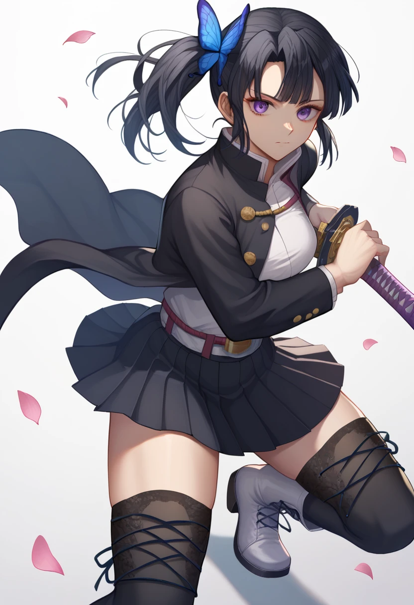 score_9,score_8_up,score_7_up,<lora:Draw_the_sword:1>,badao, tsuyuri kanao, 1girl, solo, thighhighs, hair ornament, weapon, butterfly hair ornament, black hair, demon slayer uniform, skirt, sword, purple eyes, side ponytail, katana, black thighhighs, pleated skirt, white footwear, long sleeves, looking at viewer, long hair, boots, petals, black skirt, white background, black jacket, jacket, closed mouth, holding, cross-laced footwear, holding weapon, lace-up boots, ready to draw, holding sword, thighs, sheath, simple background, belt, breasts