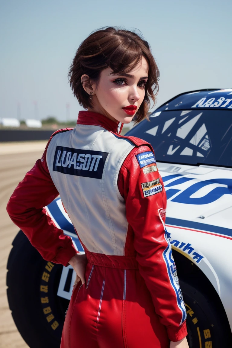 stefjo, ((detailed skin, detailed face):1.2), ((detailed eyes, beautiful eyes):1.2), ((red lipstick, eyeliner, eye shadow, blush)), photo of a woman, ((short hair, nascar outfit, nascar jumpsuit, race car, race track, outdoors)), (cowboy shot, waist, hips, thighs)