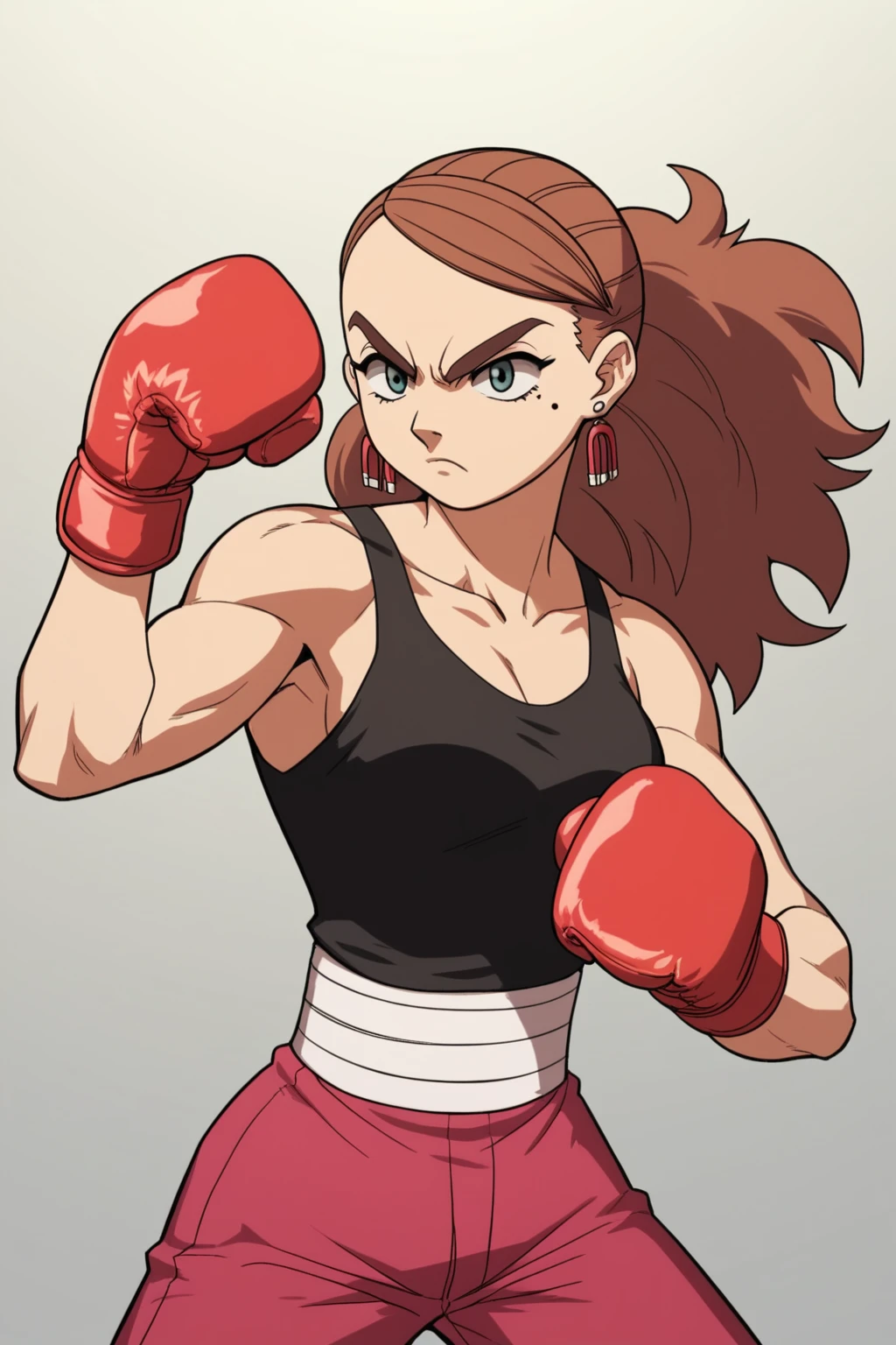 score_9, score_8_up, score_7_up, score_6_up, BREAK, 1girl, solo, teslamagnet, earrings, black shirt, tank top, pink short, boxing gloves, fighting stance<lora:EMS-431992-EMS:1.000000>