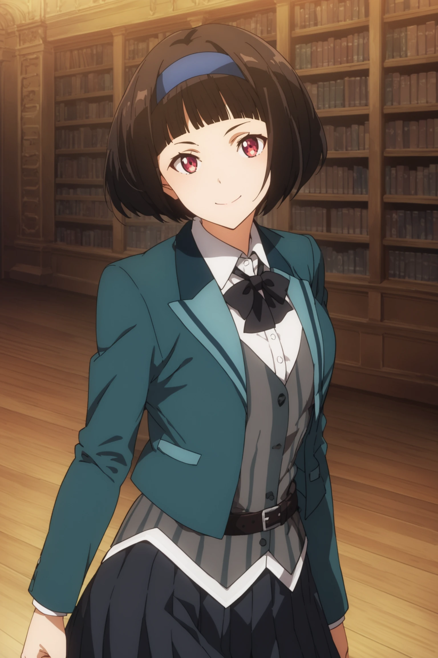 score_9, score_8_up, score_7_up, score_6_up, score_5_up, source_anime, rating_safe, medium breasts, indoors, library, 1girl, solo, looking at viewer, kazuki ferrari, short hair, black hair, bob cut, blue hairband, school uniform, green jacket, white shirt, bowtie, vest, belt, pleated skirt, pantyhose, boots, <lora:Kazuki_Ferrari:0.8>, smile