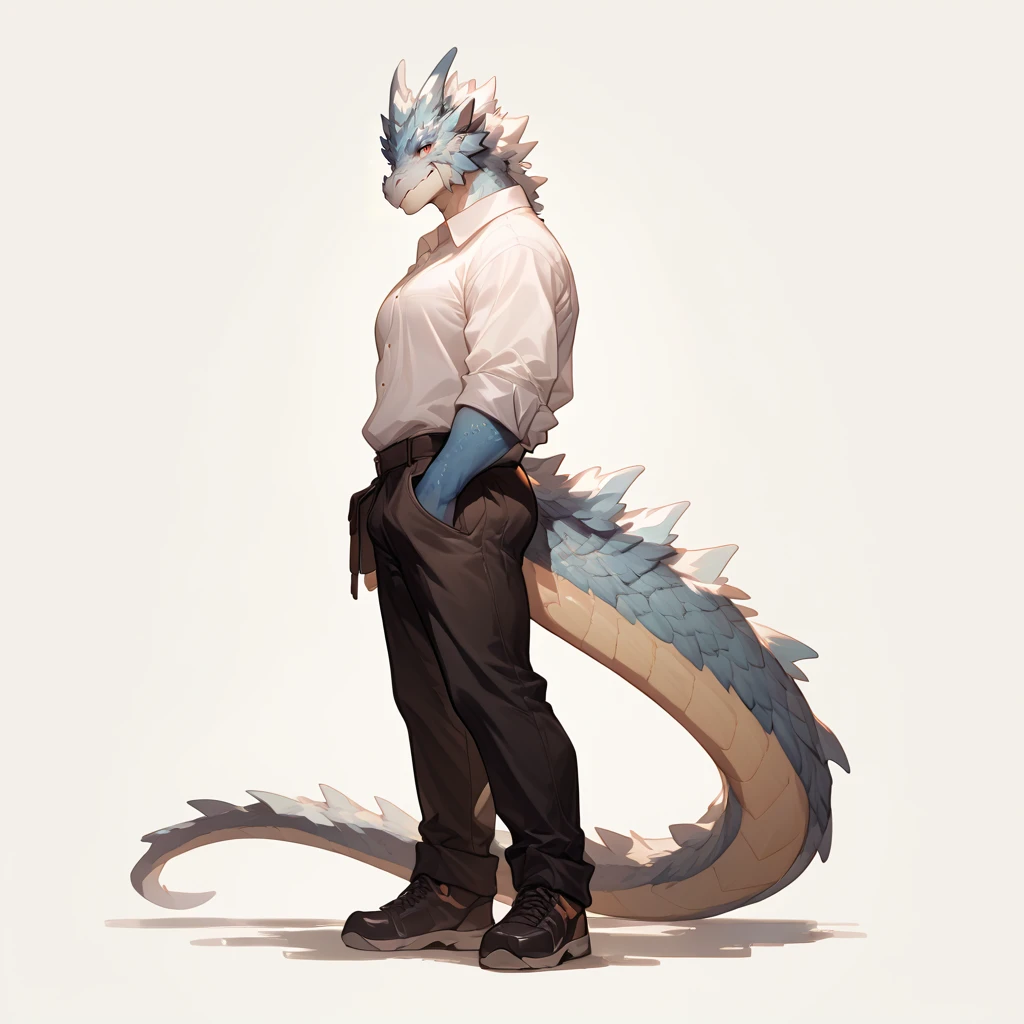 zPDXL,
character design,standing,white shirt,full body,side view,
anthro,male,dragon,5fingers,solo,<lora:Velkhana-XL-v2-000010:0.9>,velkhana,
(white background:1.1),