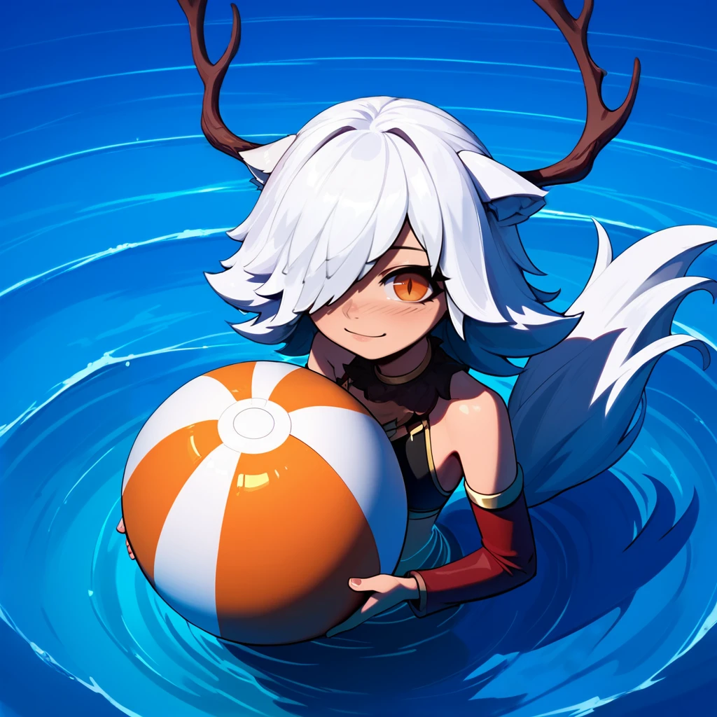 1girl,solo,<lora:tirsiak (4):1>,deer girl,antlers,white hair,animal ears,tail,hair over one eye,orange eyes,slit pupils,black bikini,detached sleeves,
ocean,partially submerged,in water,holding beachball,looking at viewer,smile,blush,, score_9, score_8_up, score_7_up, perfect anatomy, source_anime, zPDXL2,