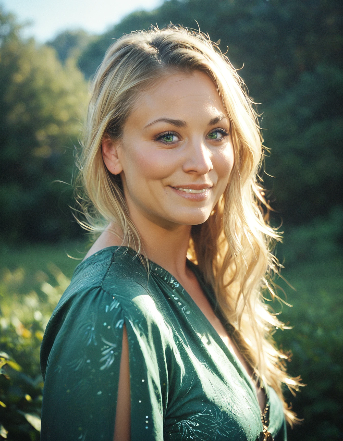 score_9, score_8_up, score_7_up, ohwx, 1girl, realistic, close-up, light-smile, blonde parted bangs, green eyes, <lora:CrunchyBanana_PONY_kaley_cuoco_v2:1>, outdoors, long dress, rating_safe