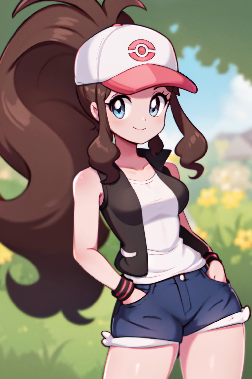 ((masterpiece,best quality)), absurdres,  <lora:chelly_chellyko_style:0.8>,  BREAK, , BREAK, <lora:HildaPokemon_v5:0.7>, zzHilda, blue eyes, long hair, high ponytail, sidelocks, hat, collarbone, white shirt, black vest, sleeveless, wristband, short shorts, denim shorts, exposed pocket,, BREAK, solo, smile, looking at viewer, cowboy shot,