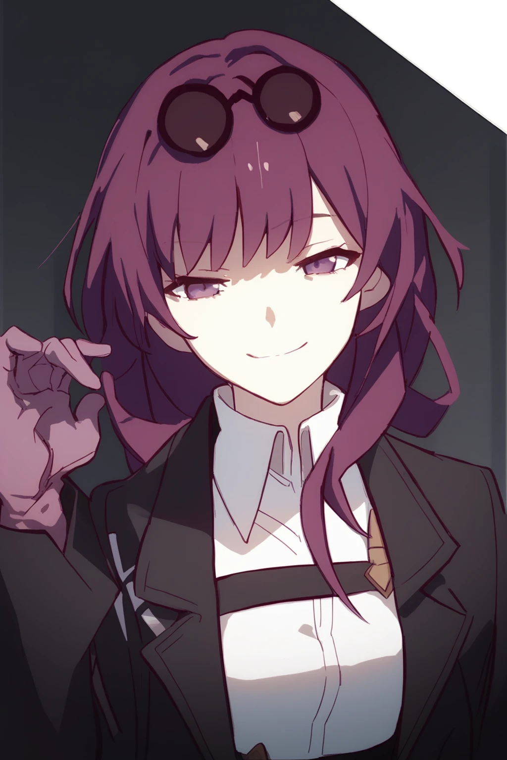 score_9,score_8_up,score_7_up,<lora:style monogatari-000025:0.9>,monogatari,<lora:honkai-kafka-ponyxl-lora-nochekaiser:0.8>,kafka,eyewear on head,round eyewear,purple eyes,purple hair,long hair,holding_eyewear,hand up,smug,evil smile,black jacket,gloves,jacket,shirt,white shirt,