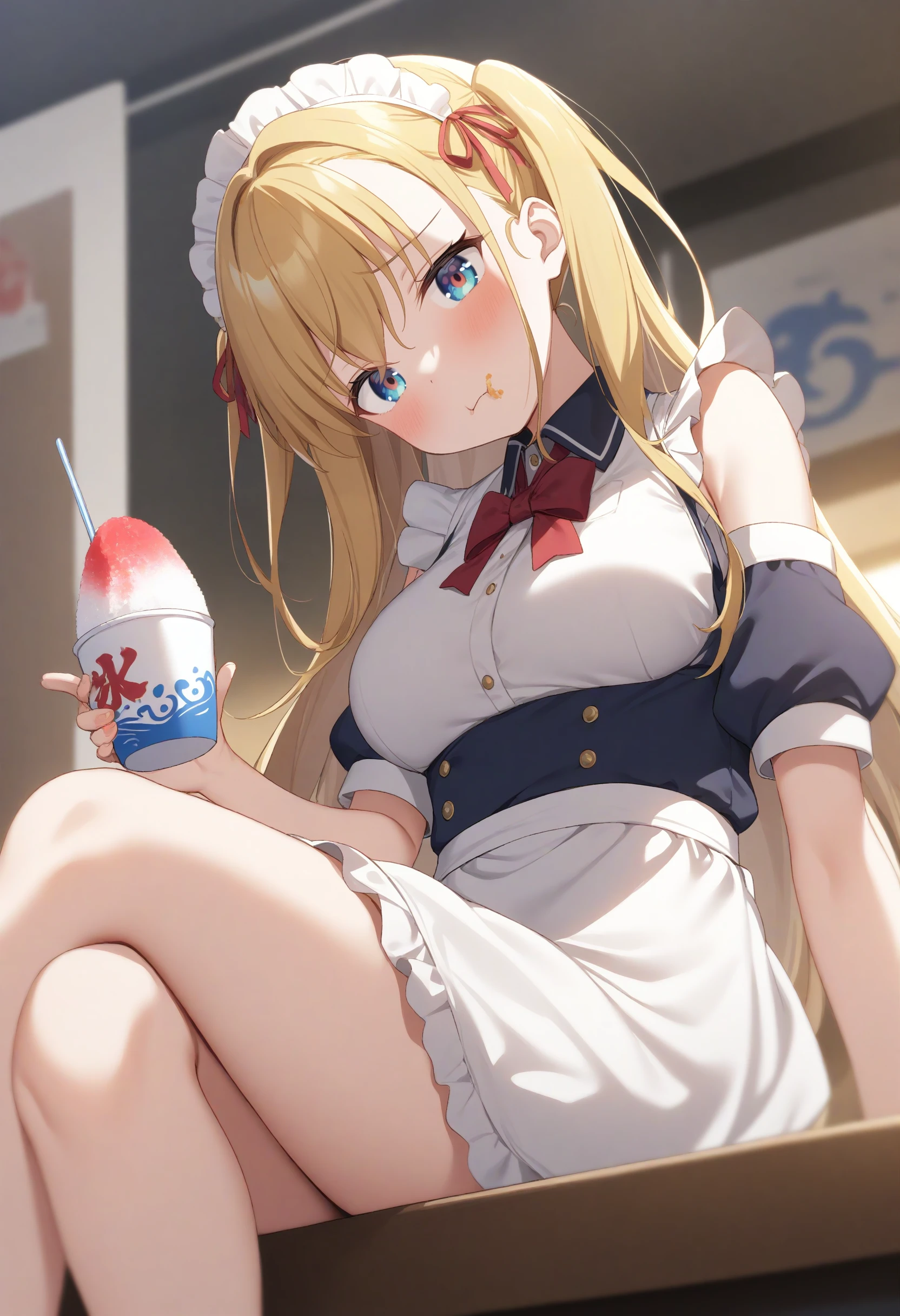 1girl,sincos, ningen mame, toosaka asagi,solo,large breasts,20yo,maid,maid headdress,
shaved ice,<lora:shavedice_XL_v1:0.8>
holding drinking straw, spoon straw, eating,
ceiling, feet out of frame, looking at viewer, blonde hair, brown eyes,embarrassed, government district, closed mouth, french hair,,
best quality, very aesthetic, absurdres