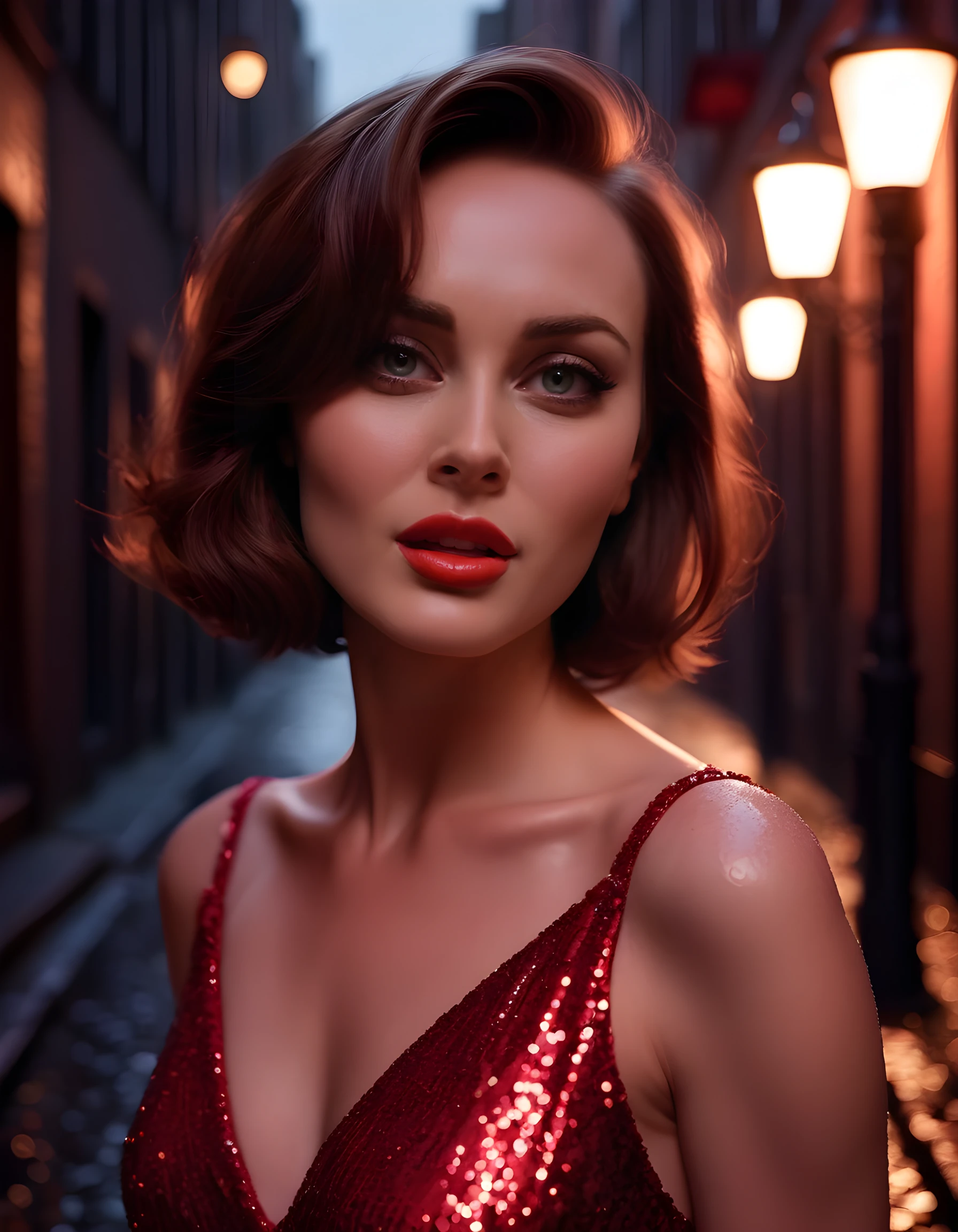 54R4H6, In a noir-inspired setting, a woman with a striking bob of brown hair cascading down her shoulders, adorned in a vintage, sequined red dress that shimmers under the soft glow of an incandescent streetlamp, takes center stage. Her gaze is intense and direct, lips slightly parted to reveal a hint of teeth, as she stares intently at the viewer from a low camera angle, her image blurred around the edges, creating an ethereal and mysterious atmosphere in a dimly lit alleyway, with rain softly pattering on the cobblestones behind her.