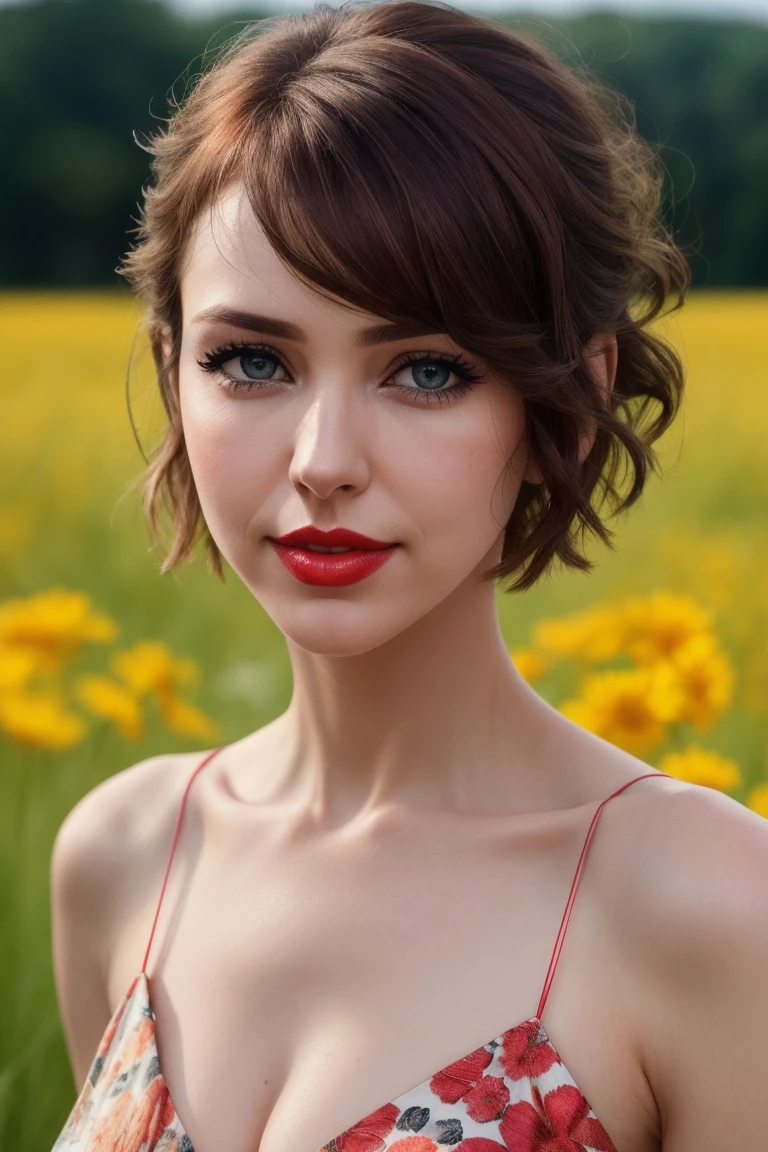 stefjo,  ((detailed skin, detailed face):1.2), ((detailed eyes, beautiful eyes):1.2), ((red lipstick, eyeliner, eye shadow, blush)),  ,photo of a woman, RAW, close portrait photo, ((beautiful floral print sundress)),((short hair, pixie cut)), ((outdoors, gorgeous meadow, walking)),  8k uhd, dslr, soft lighting, high quality, film grain, Fujifilm XT3 sharp focus, f 5.6,, slight smile, ((detailed eyes, beautiful eyes, detailed face, beautiful face)),
