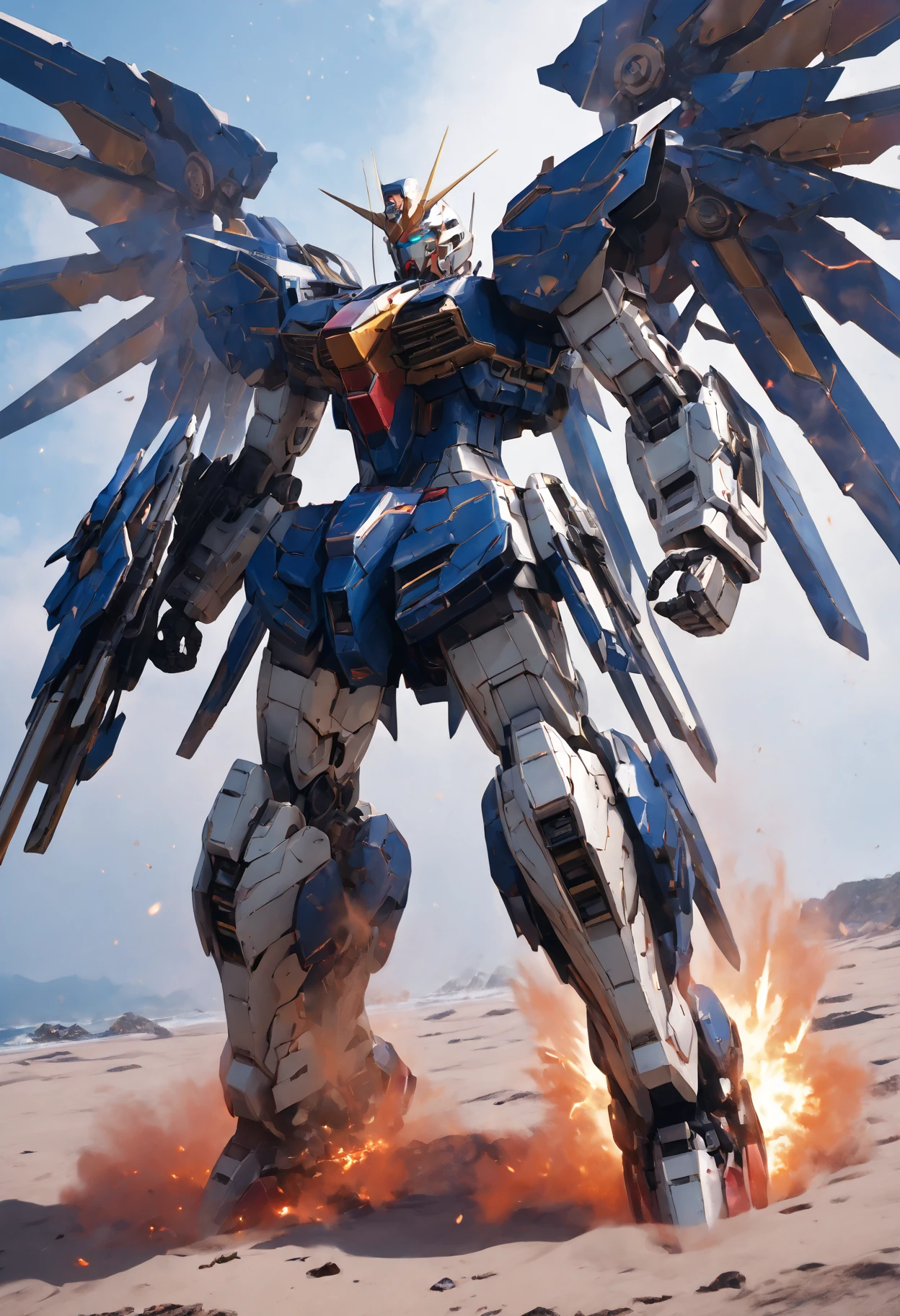 <lora:MechaPonyresetv5:1>,mecha,flying,space,from below,simple background,glowing light,glowing wings,fire feather,sand and dust,battlefield,damaged mecha,broken mecha,battle damage,cracks,explosion,sparks,full_body,, cinematic film still,score_9,score_8_up,score_7_up,dramatic lighting,(realistic:1.3),highly detailed,high budget,bokeh,cinemascope,moody,epic,gorgeous,film grain,grainy,masterpiece,best quality,perfect anatomy,very aesthetic,official art,8k,