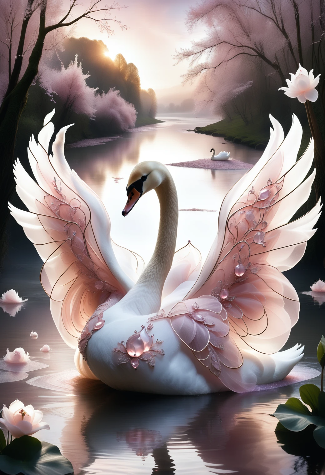 a swan in a river made out of reij-rsrgnz <lora:RoseOrganza-000006:1>, by sunrise, surrounded by fairy dust