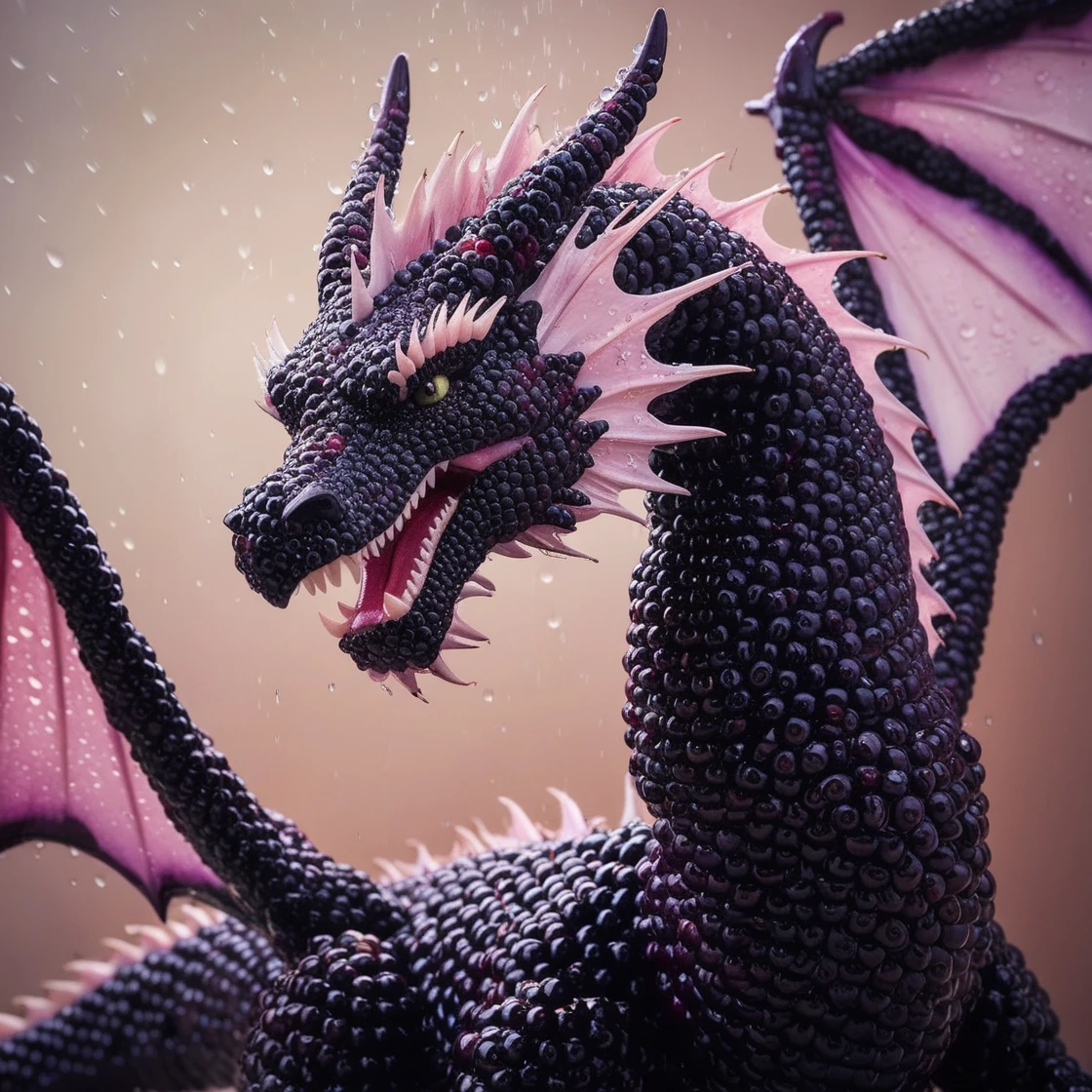 blackberryworld majestic dragon, drops of water, warm-toned gradient background