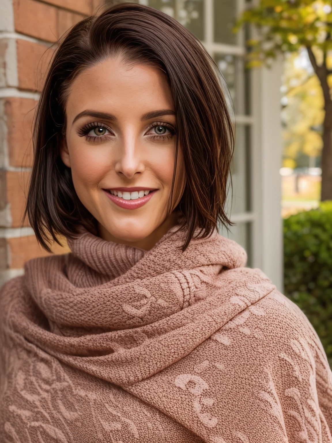 awhite, professional portrait of 1girl,  short hair, smile, grin, looking over shoulder, lace shawl, ribbon in hair, bracelet, turtleneck, outdoors, shadows, realistic, ambient lighting, lipstick, pale skin, skin details <skinhairdetail>