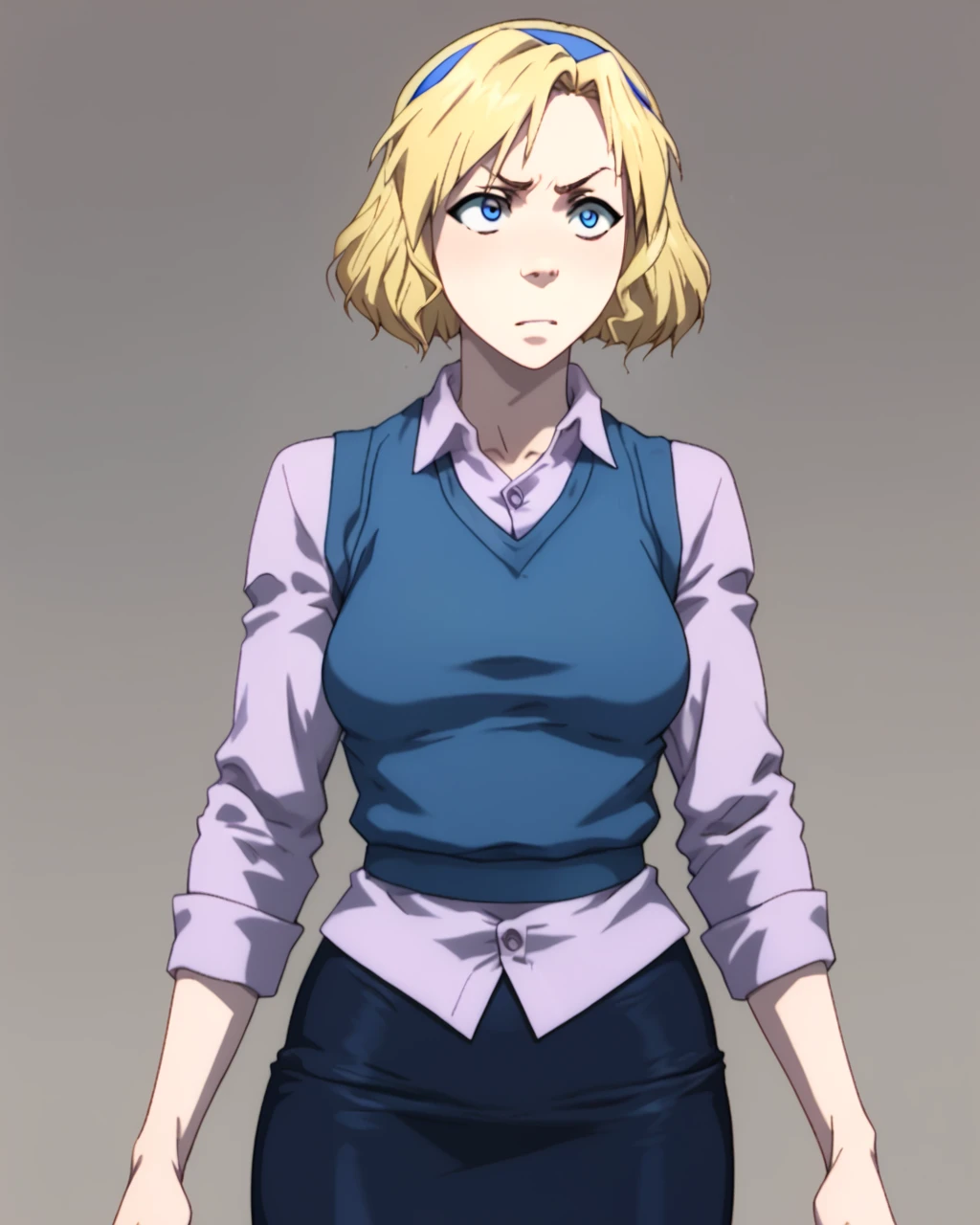 Score_9, score_8_up, score_7_up, BREAK, solo, 1girl, sarah dubois, short hair, blonde hair, blue hairband, blue sweater vest, long sleeve purple shirt, pencil skirt, heels, front view