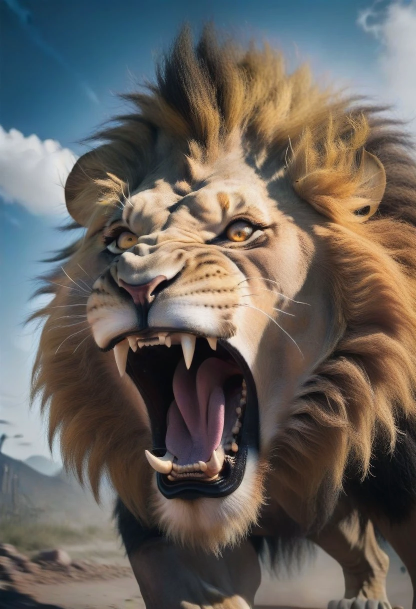 (((((mad lion, eyes wide, yells a lot))))), cinematic view