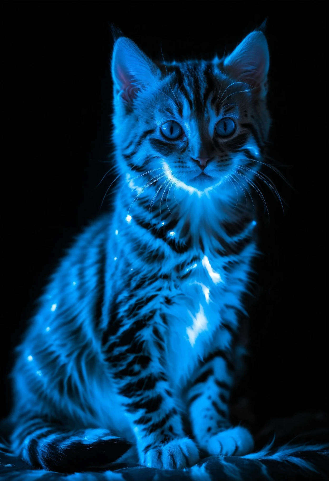 aurealis, bioluminescent cat, tabby kitten with glowing stripes and spots, close up, macro photography, bioluminescent fur, sitting in a dark room, dark ambience, close up photography <lora:SDXL\Aurealis_beta_SDXL>