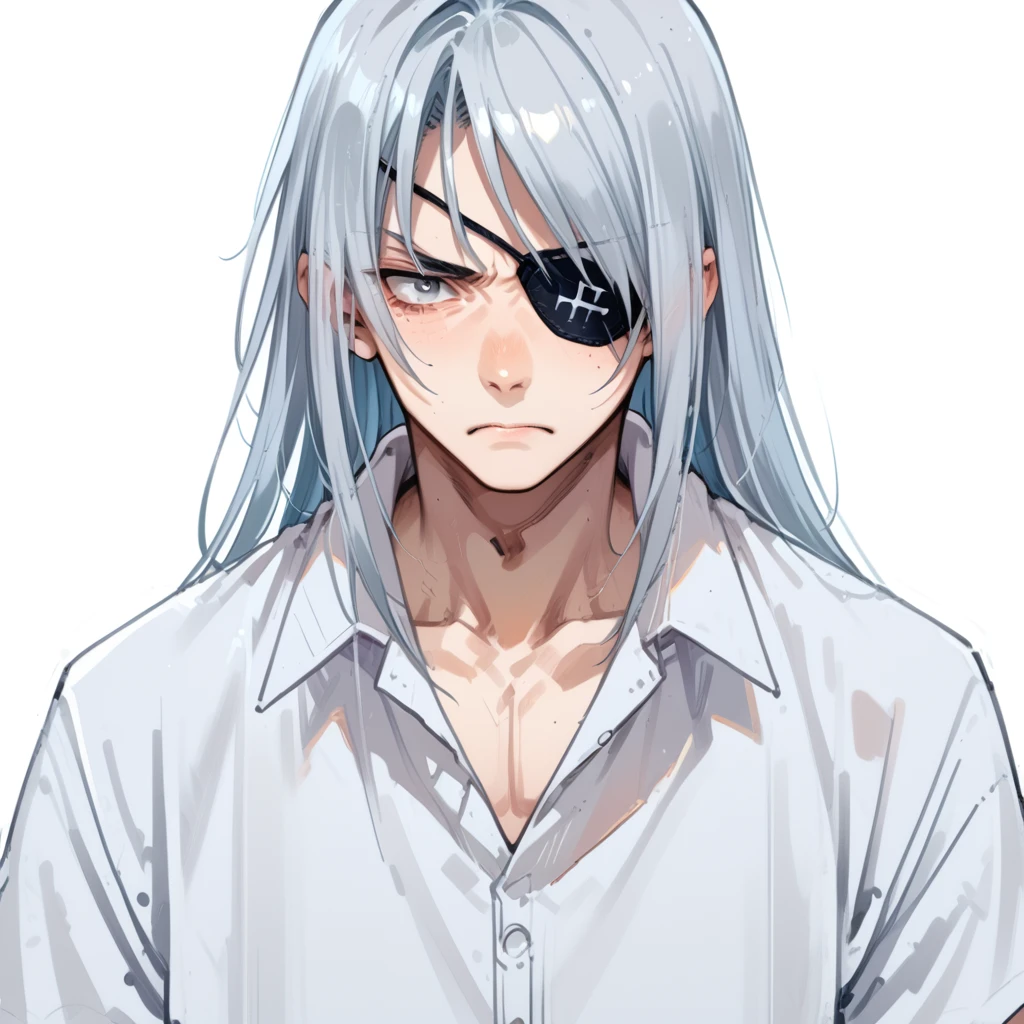 shin natsume, tenjo tenge, ah1, 1boy, long hair, gray hair, parted bangs, score_9, score_8_up, score_7_up, score_6_up, source_anime, white shirt, simple background, eyepatch, gray eye, <lora:Shin_Natsume_from_Tenjo_Tenge:1>, (Clenching a walkie-talkie with malevolent intent), (Antique vendor),