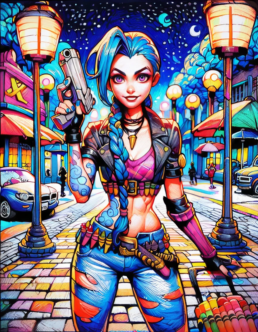 score_9, scscore_9, score_8_up, score_7_up, score_6_up,  cr4y0n, crayon drawing, psycho 1girl jinx \(league of legends\), right pistol, looking viewer, shadows, dark street, night time, streetlights, highly detailed<lora:plrd-pistol:1> <lora:Colorful_Crayons_Pony:1>