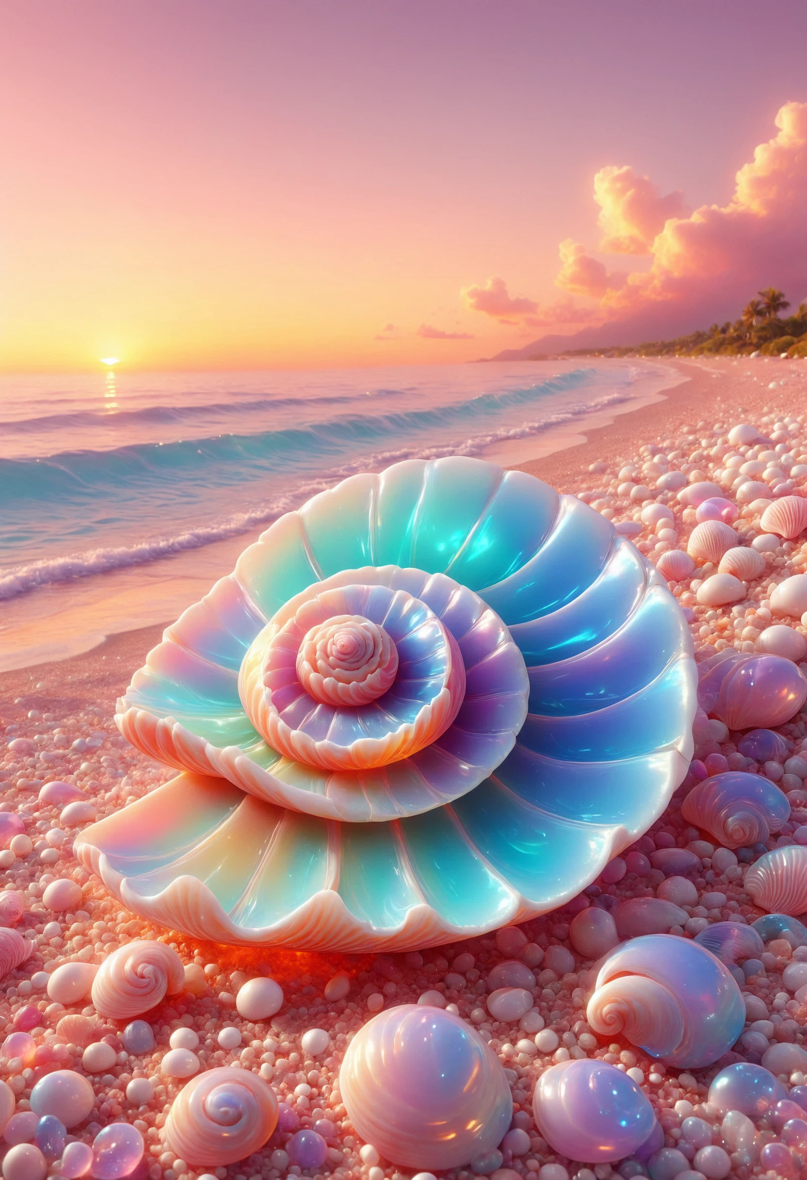 pink glowing seashell, sunset, beach. made out of iridescent jelly, <lora:PinkieIriJllySDXL-v1:1>, p1nk1r1j3lly,