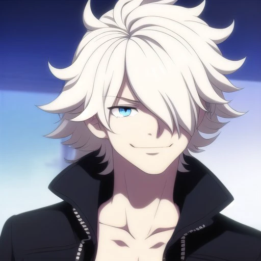 hk_as, anime screencap, 1boy, solo focus, white hair, messy hair, blue eyes, smirk, black jacket, outside, body portrait, jeans, hair over one eye