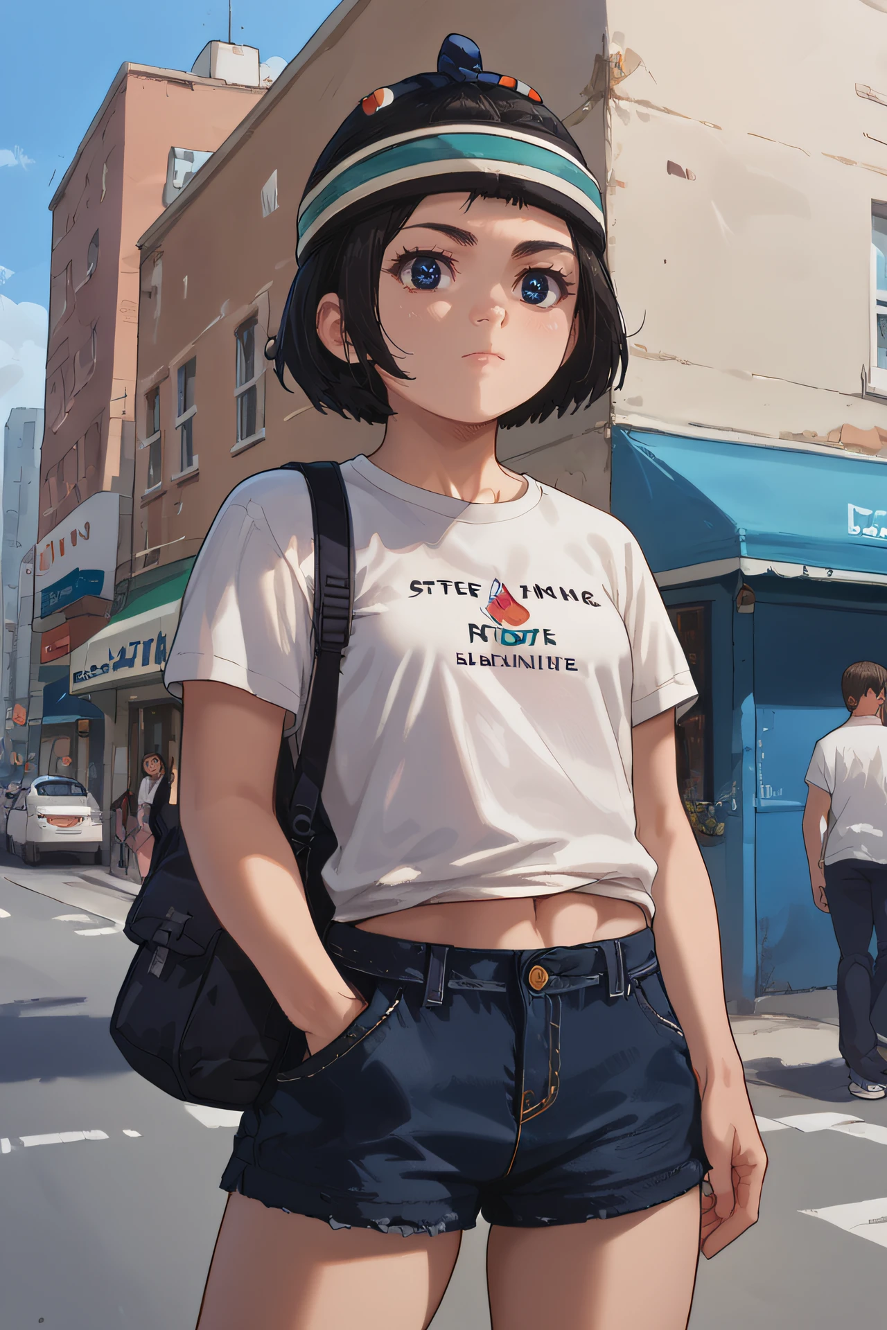 score_9, score_8_up, source_anime,
enonoka, blue eyes, short hair, black hair,
ainu hat, t-shirt, white shirt, short sleeves, midriff, short shorts, street, hand in pocket, standing,
<lora:Smooth Style 2 SDXL_LoRA_Pony Diffusion V6 XL:0.8> <lora:enonoka:.9>