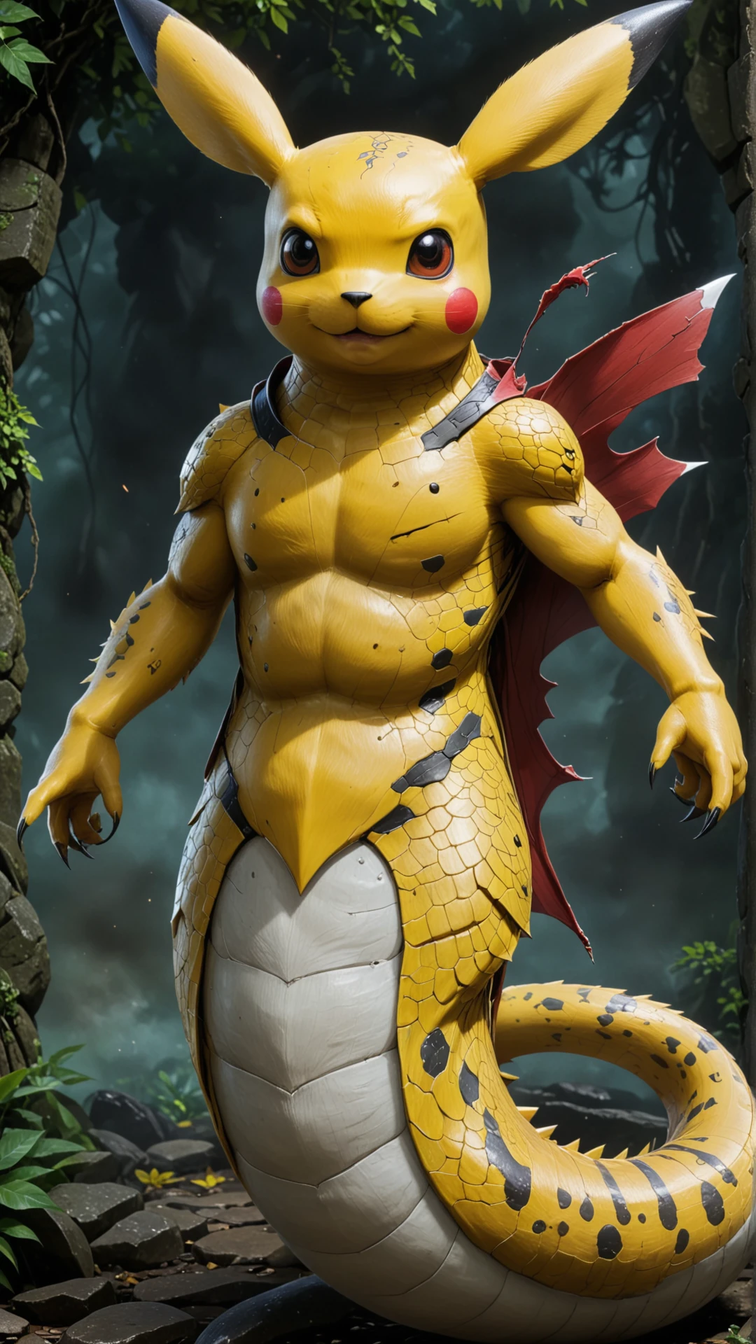 <lora:NagaSDXL:1>naga, full body, Pikachu from Pokmon, detailed background