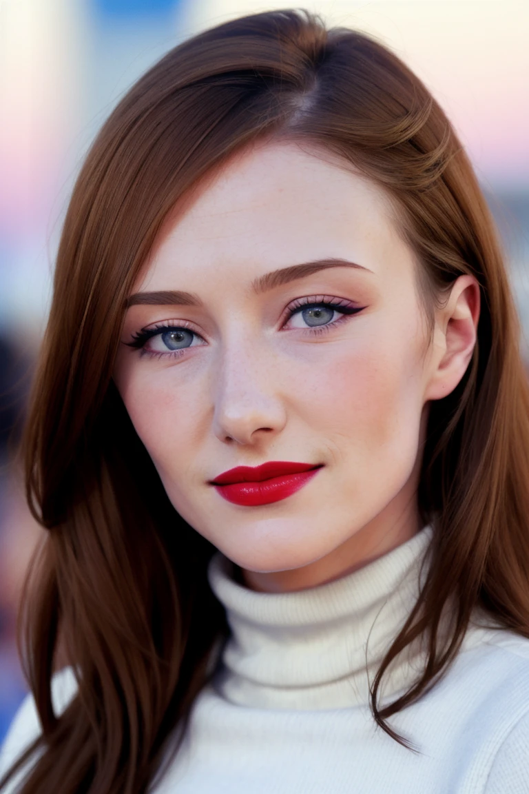 caricevanhouten, ((detailed skin, detailed face,detailed eyes, beautiful eyes)), ((red lipstick, blush, eye shadow, eyeliner, pale skin)), , photo of a woman, ,beautiful picture, fully clothed, turtleneck sweater, skirt, thighhighs, outside, carnival, festival, sunset, detailed, epic, closeup ,