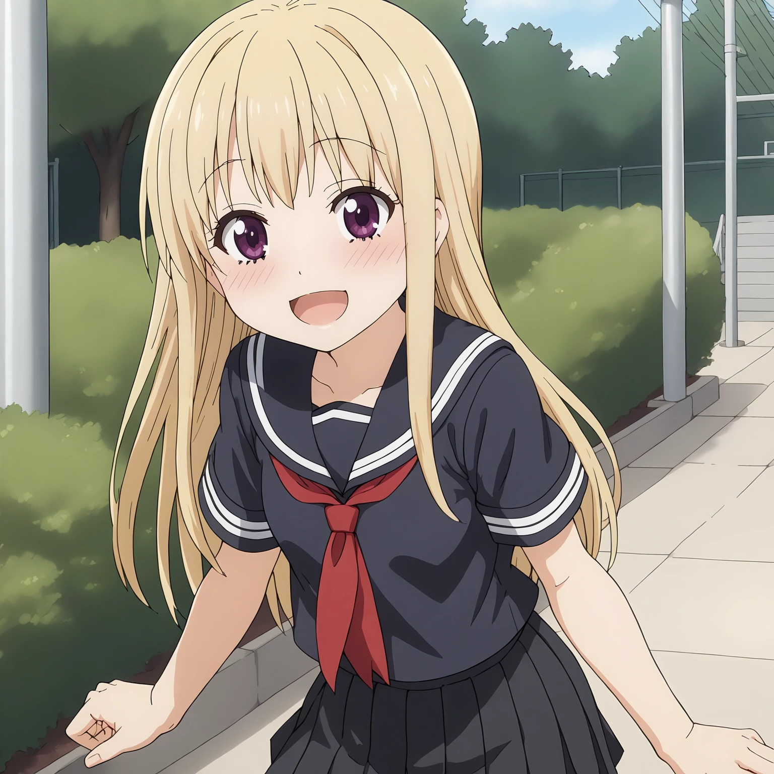 <lora:NBnSd_SanakaSuemoriXLpony003>,
blush,smile,open mouth,
solo,
SanakaSuemori,1girl,blonde hair,long hair,red -purple eyes,
serafuku,black blue shirt,short_sleeves,
pleated_skirt,black skirt,
outdoors,