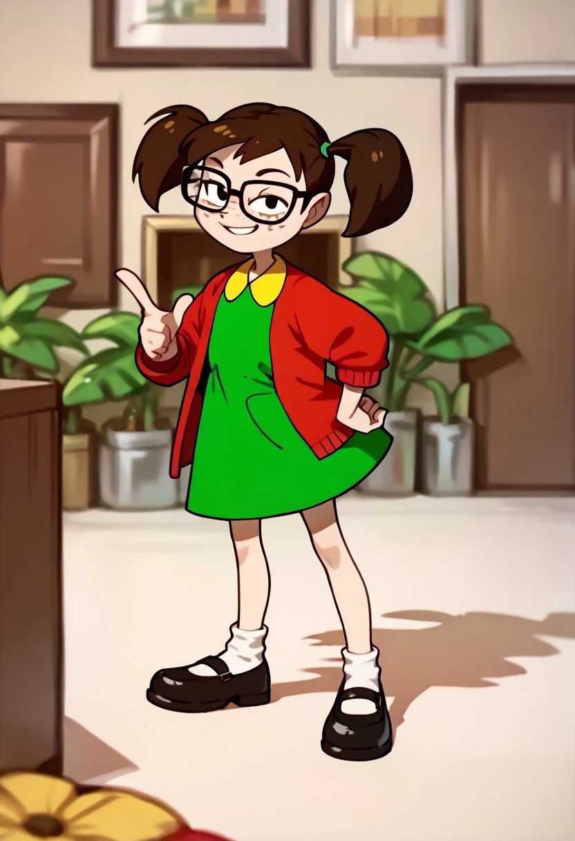 score_9, score_8_up, score_7_up BREAK Chilindrina, 1girl, dark brown hair, pigtails, black eyes, freckles, glasses, open red cardigan, yellow-collared green dress, yellow dress pocket, socks, black mary jane shoes, full body, smiling at viewer,