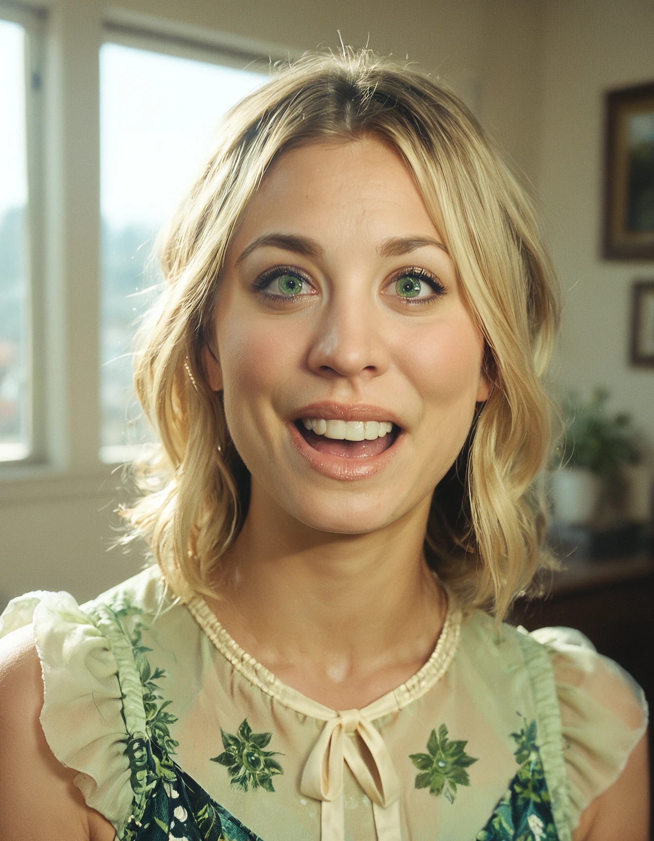 score_9, score_8_up, score_7_up, ohwx, 1girl, realistic, portrait, excited, blonde parted bangs, green eyes, <lora:CrunchyBanana_PONY_kaley_cuoco_v2:0.9>, indoors, layered dress, rating_safe
