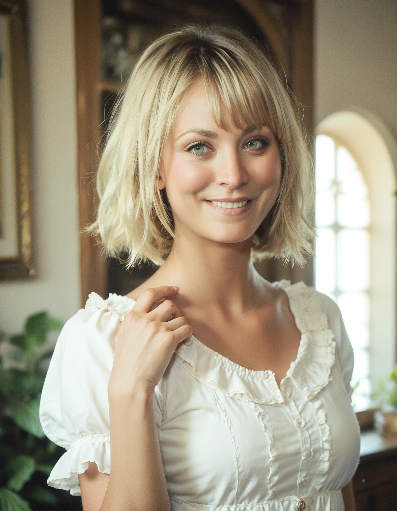 score_9, score_8_up, score_7_up, ohwx, 1girl, realistic, upper body, light-smile, blonde diagonal bangs, green eyes, <lora:CrunchyBanana_PONY_kaley_cuoco_v2:1>, indoors, frilled shirt, rating_safe
