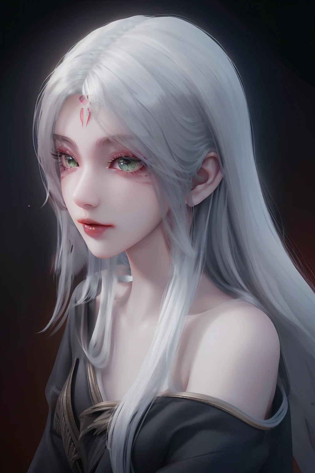 <lora:XiaoBai-SD1:1>,
xiaobai,1girl,solo,long hair,white hair,green eyes,(facial mark:1.1),simple background,red lips,upper body,Character details,lips,closed mouth,makeup,looking at viewer,realistic,forehead mark,shoulder,Detailed carving of forehead pattern,black background,