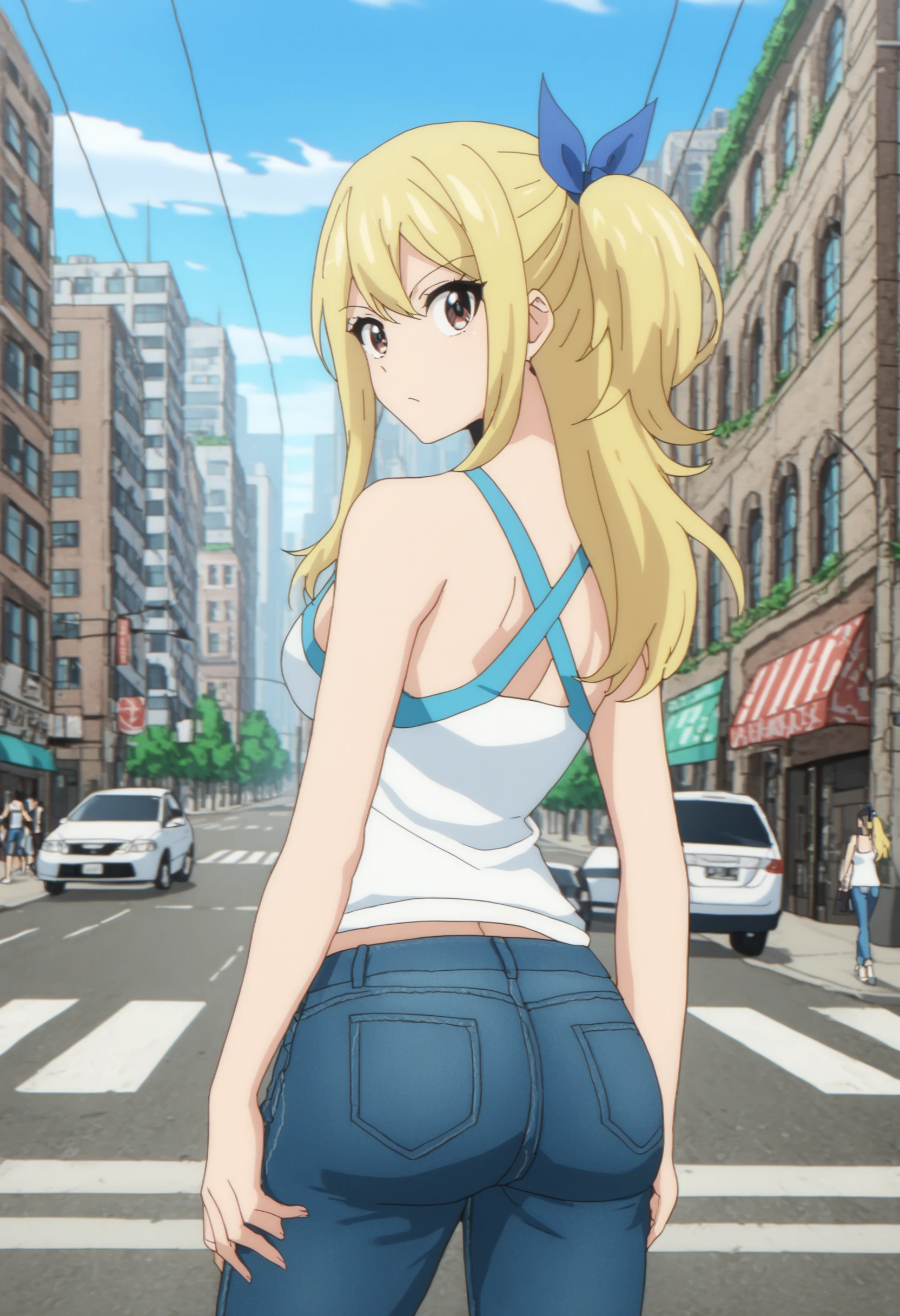 <lora:Lucy Heartfilia - [Fairy Tail - 100 Years Quest] - SDXL Version 1:1>,  sysdeep_lucy100, solo, breasts, ribbon, closed_mouth, medium_breasts, hair_ribbon, sidelocks, side_ponytail, blue_ribbon, jeans, tank-top, city, street, looking_back