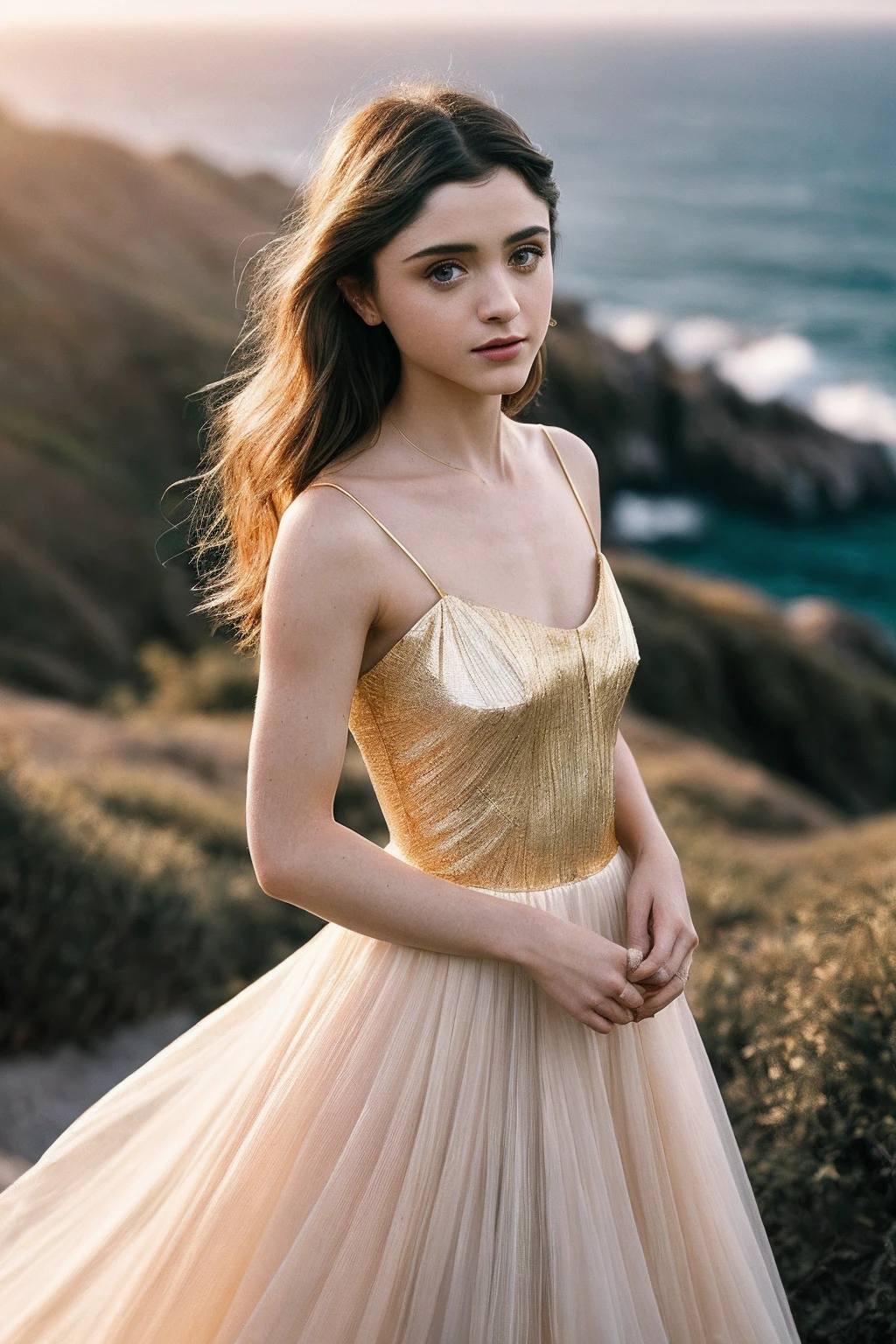 NataliaD_SoloTI_v1,
(In a flowing, ethereal dress with soft, delicate fabrics, with gently tousled hair and a serene, contemplative expression, for a look of otherworldly grace), (Amidst the sun-drenched, golden landscapes and serene, coastal vistas of Los Angeles, where the boundary between the celestial and the earthly blurs in a poignant tale of love and longing:1.3), (poignant:1.3),(analog, cinematic, warm hues, soft focus, cinematic shot:1.3),
<lora:add_detail:0.6> epiCPhoto, PA7_Portrait-MCU,