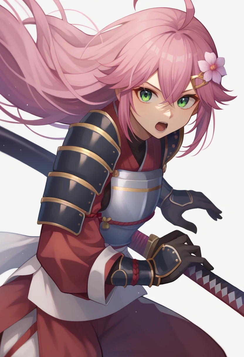 score_9,score_8_up,score_7_up,<lora:Draw_the_sword:1>,badao,sakura miko,1girl,virtual youtuber,armor,green eyes,pink hair,weapon,japanese armor,long hair,sword,solo,hair ornament,open mouth,kusazuri,white background,ahoge,sheath,katana,alternate costume,shoulder armor,sode,holding weapon,looking at viewer,holding,fighting stance,simple background,holding sword,gloves,hairclip,flower,samurai,hair between eyes,floating hair,pants,hair flower,sheathed,