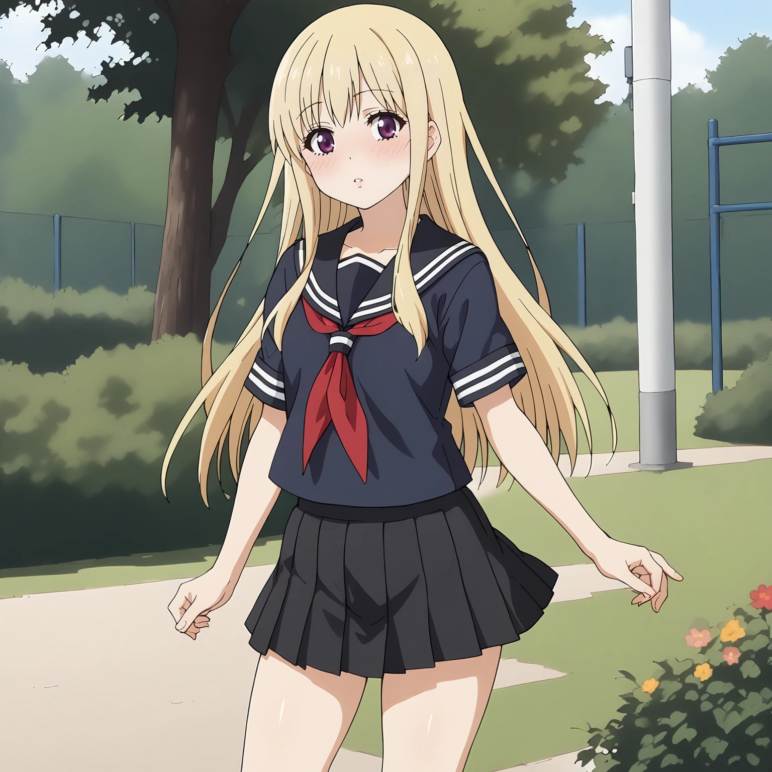 <lora:NBnSd_SanakaSuemoriXLpony003>,
parted lips,blush,
solo,
SanakaSuemori,1girl,blonde hair,long hair,red -purple eyes,
serafuku,black blue shirt,short_sleeves,
pleated_skirt,black skirt,
outdoors,