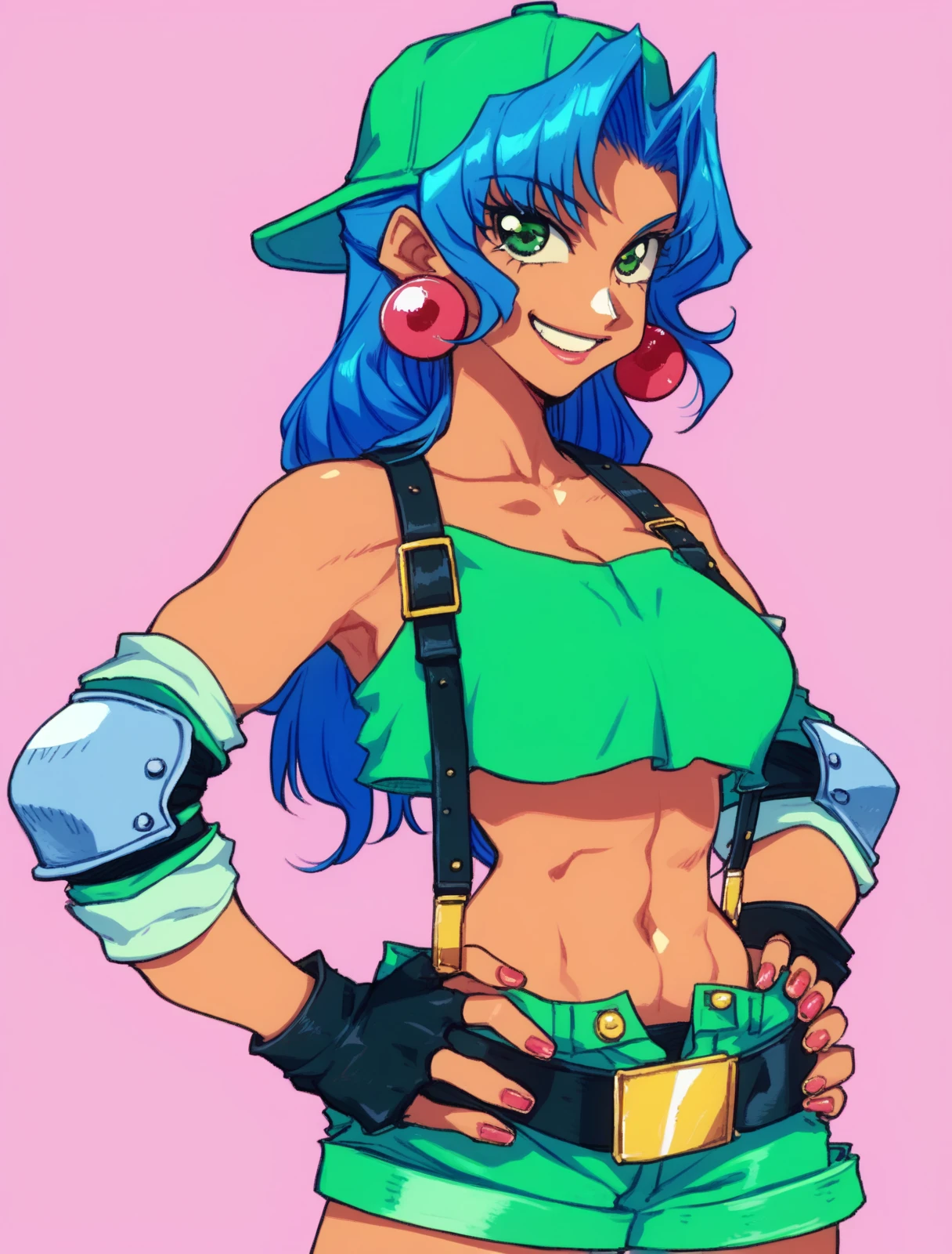 score_9, score_8_up, score_7_up, solo, BREAK, 1girl, upper body,
 <lora:Tracy_BAT:1>, anime, Tracy, green eyes, backwards green baseball cap, smiling, hands on hips,  blue hair, black suspenders, round red earrings, green shorts, black leather belt, gold sheriff badge, elbow pads, standing, midriff,   <lora:Speedoru-10:1>, speedoru