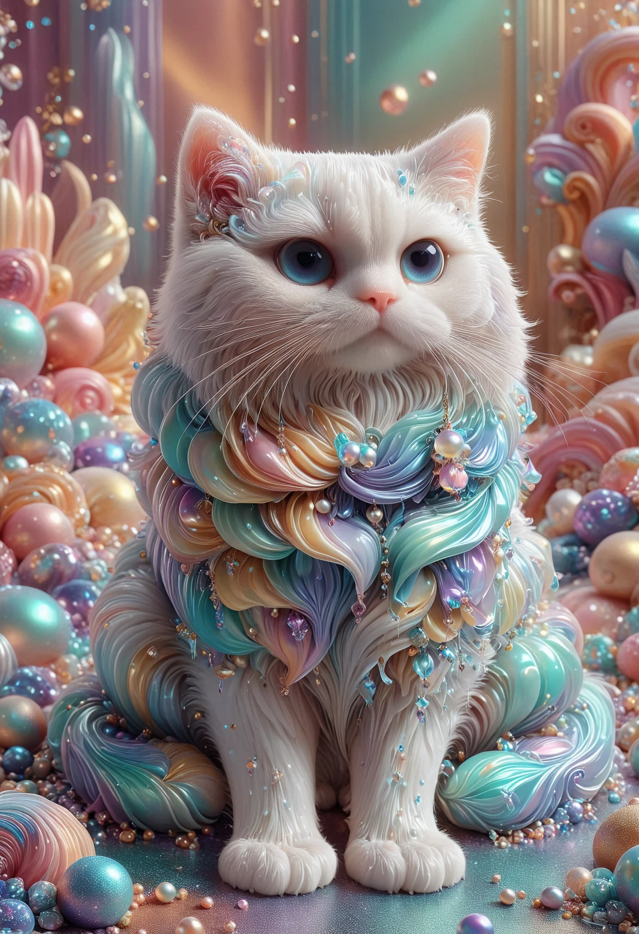 designed by Anne Stokes, fantasy art, Digital art, Synthetism, portrait of a pretty persian cat, intricate artistic color, lush, fantastic aesthetic, luxurious, very coherent, detailed background, made out of iridescent jelly, <lora:PinkieIriJllySDXL-v1:1>, p1nk1r1j3lly,