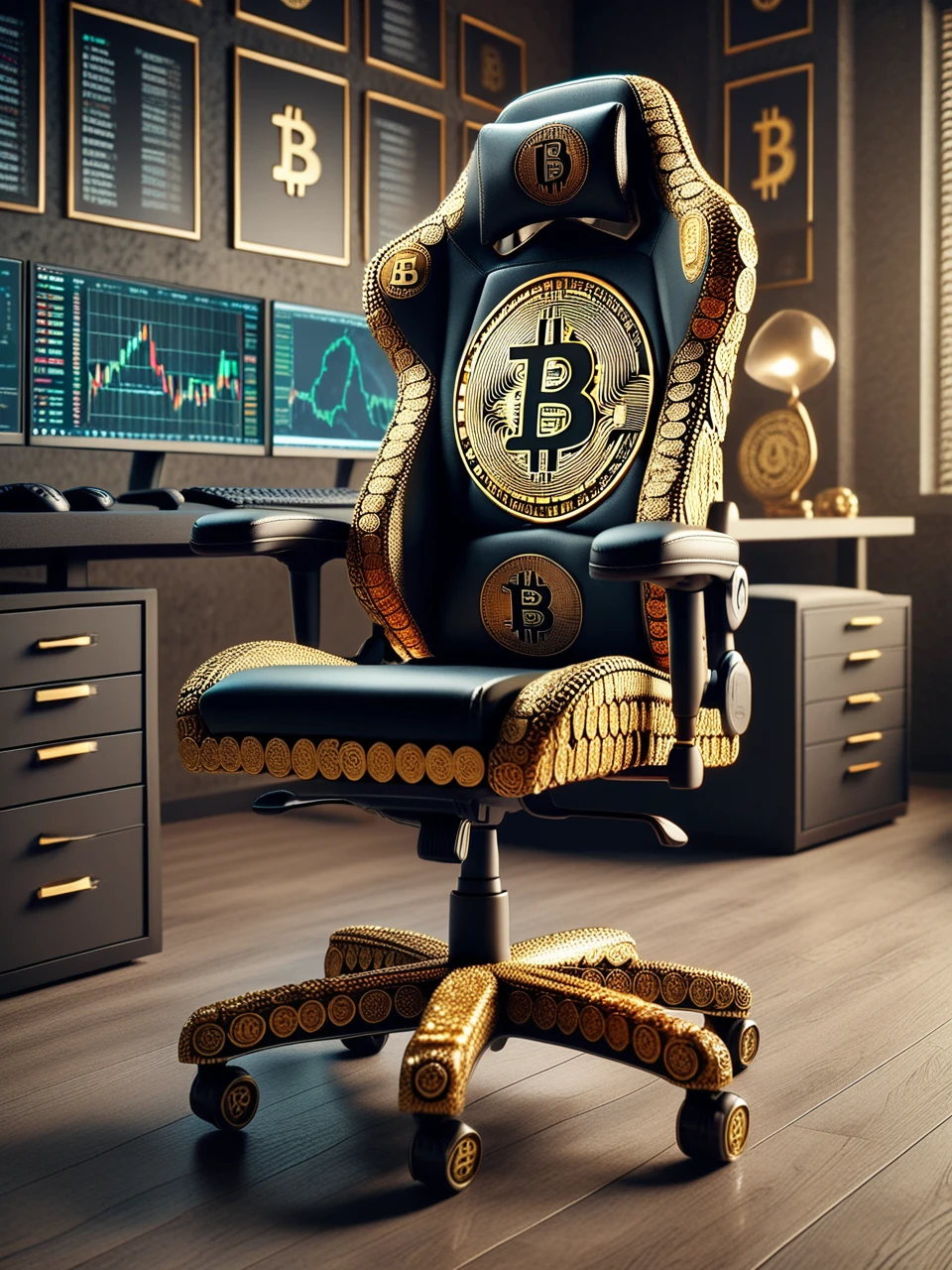 bitcoined computer chair in crypto trading office, ultra resolution, 35mm photography, neoclassicism, deep depth of field, , dark, modern ink, stunning