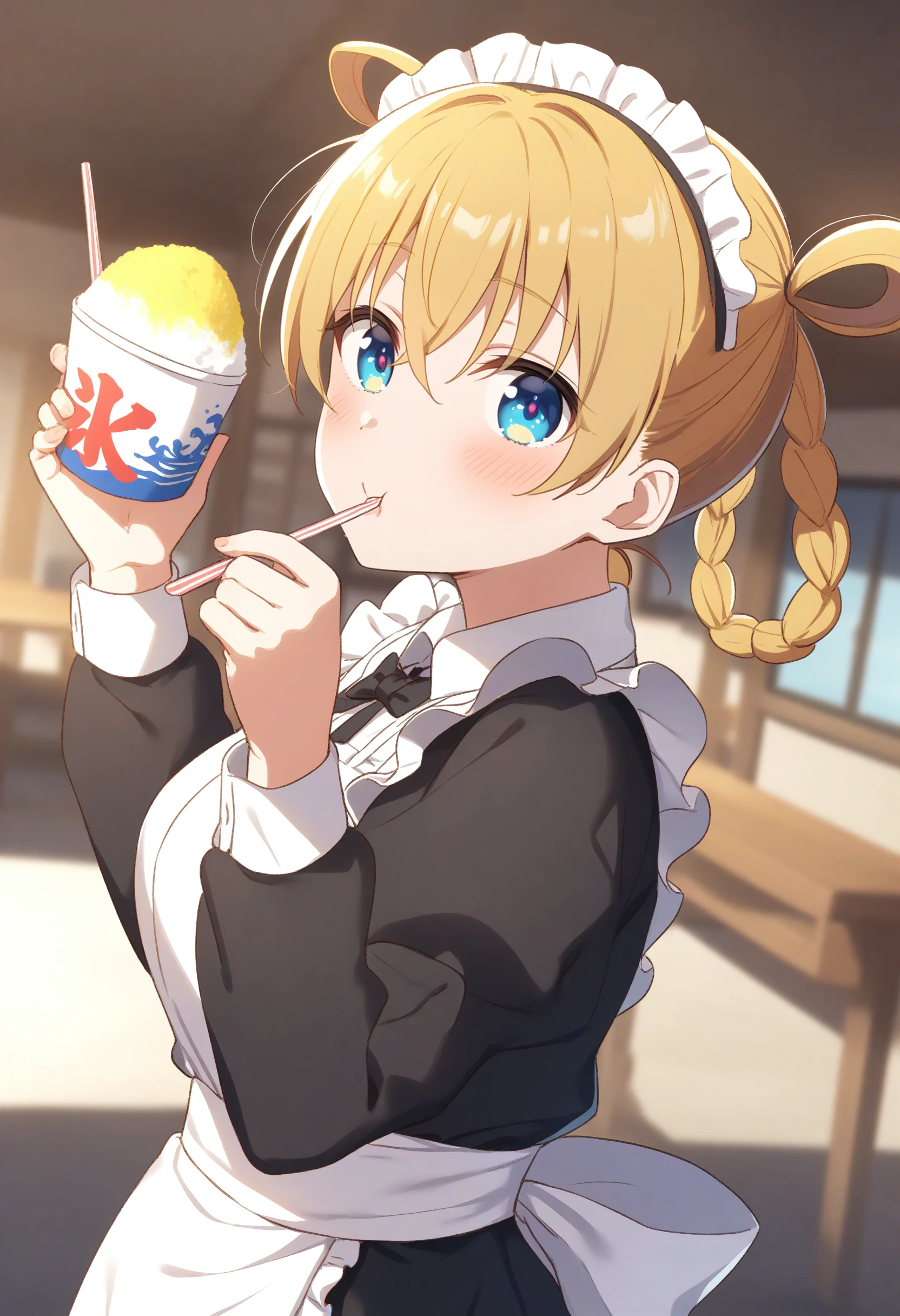 1girl,sincos, ningen mame, toosaka asagi,solo,large breasts,20yo,maid,maid headdress,
shaved ice,<lora:shavedice_XL_v1:0.8>
holding drinking straw, spoon straw, eating,
ceiling, cinematic angle, looking back, blonde hair, brown eyes,laugh, settlement, closed mouth, hair rings hair,,
best quality, very aesthetic, absurdres