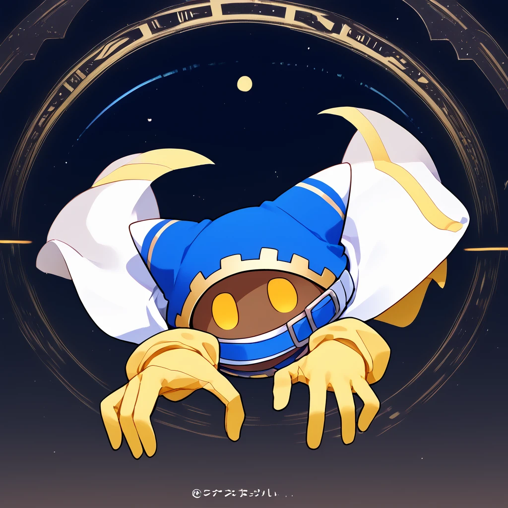 <lora:Magolor:1.29> solo, 1other,  cape, dark skin, hood, yellow eyes,  solid oval eyes, blue clothes, floating limbs, yellow gloves