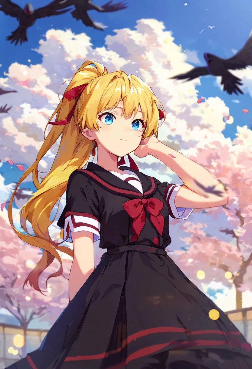 score_9, score_8_up, score_7_up, best quality, masterpiece, absurdes, 1girl, bokeh,  kamio misuzu, 1girl, solo, blonde hair, long hair, day, blue eyes, school uniform, sky, ponytail, cloud, crow, red ribbon, short sleeves, blue sky, white background, black dress, hair ribbon, cross