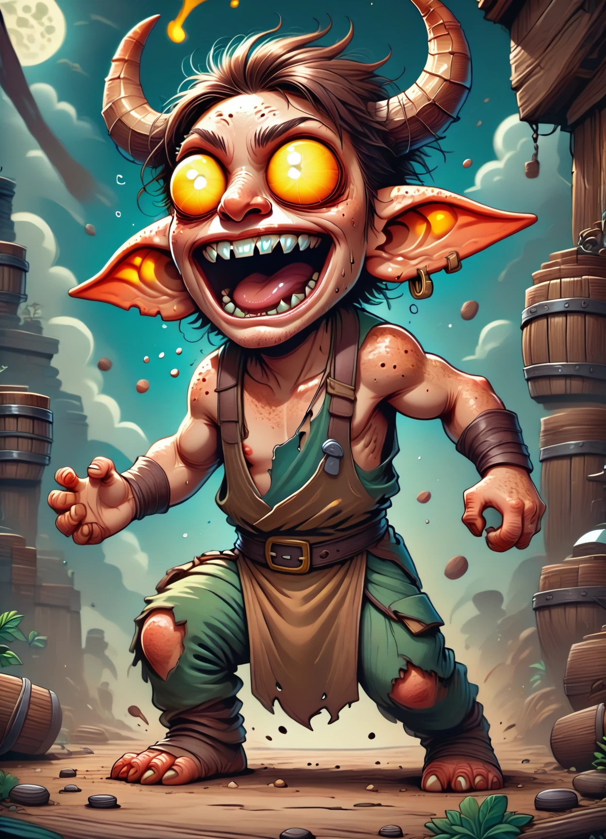 DonM0v3rC4ff31n4t3dXL,score_9, score_8_up, score_7_up, score_6_up,goblin, imaginative and mischievous character with a hunched posture, glowing beady eyes, and a malevolent grin. use earthy green and brown tones for its mottled skin, and add small, stubby horns on its sloping forehead, scraggly moss-like hair,sharp jagged teeth in its wide mouth, goblin should be small in stature, around 2 to 3 feet tall, fantasy, symbolic ,   rating_safe  <lora:DonM0v3rC4ff31n4t3dXL-pony:1>